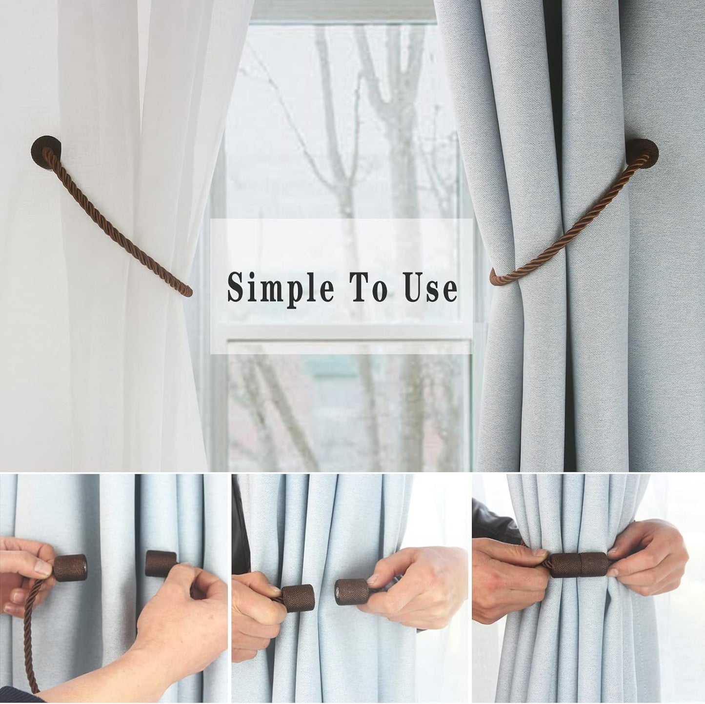 Magnetic Curtain Tiebacks 4 Pack Coffee Curtain Rope Tieback Curtain Holders for Drapes Modern Tie Backs Decorative Curtain Holdbacks