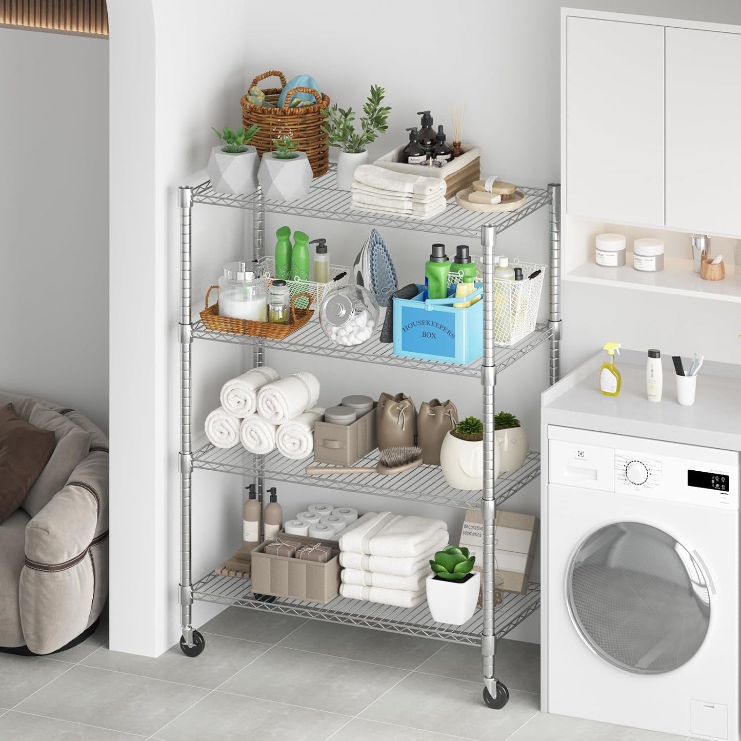 Himimi 4-Tier Heavy Duty Steel Wire Rack Storage Shelving, Adjustable Metal Storage Shelves with Wheels, 72''H Wire Shelf for Kitchen Garage Basement Pantry Organization, 18" D×36" W×72" H-Silver