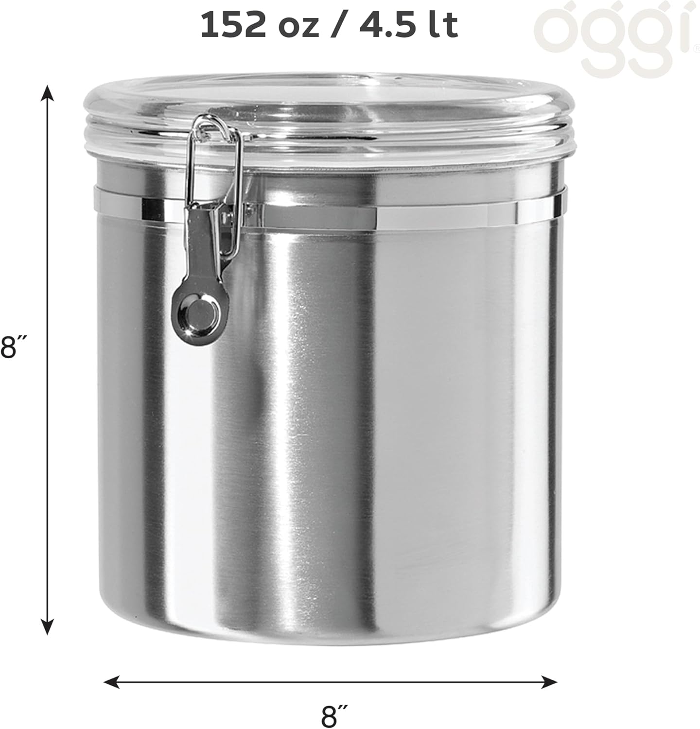 Oggi Stainless Steel Kitchen Canister 152 fl oz - Airtight Clamp Lid, Clear See-Thru Top - Ideal for Kitchen Storage, Food Storage, Pantry Storage. Jumbo Size 8" x 8".