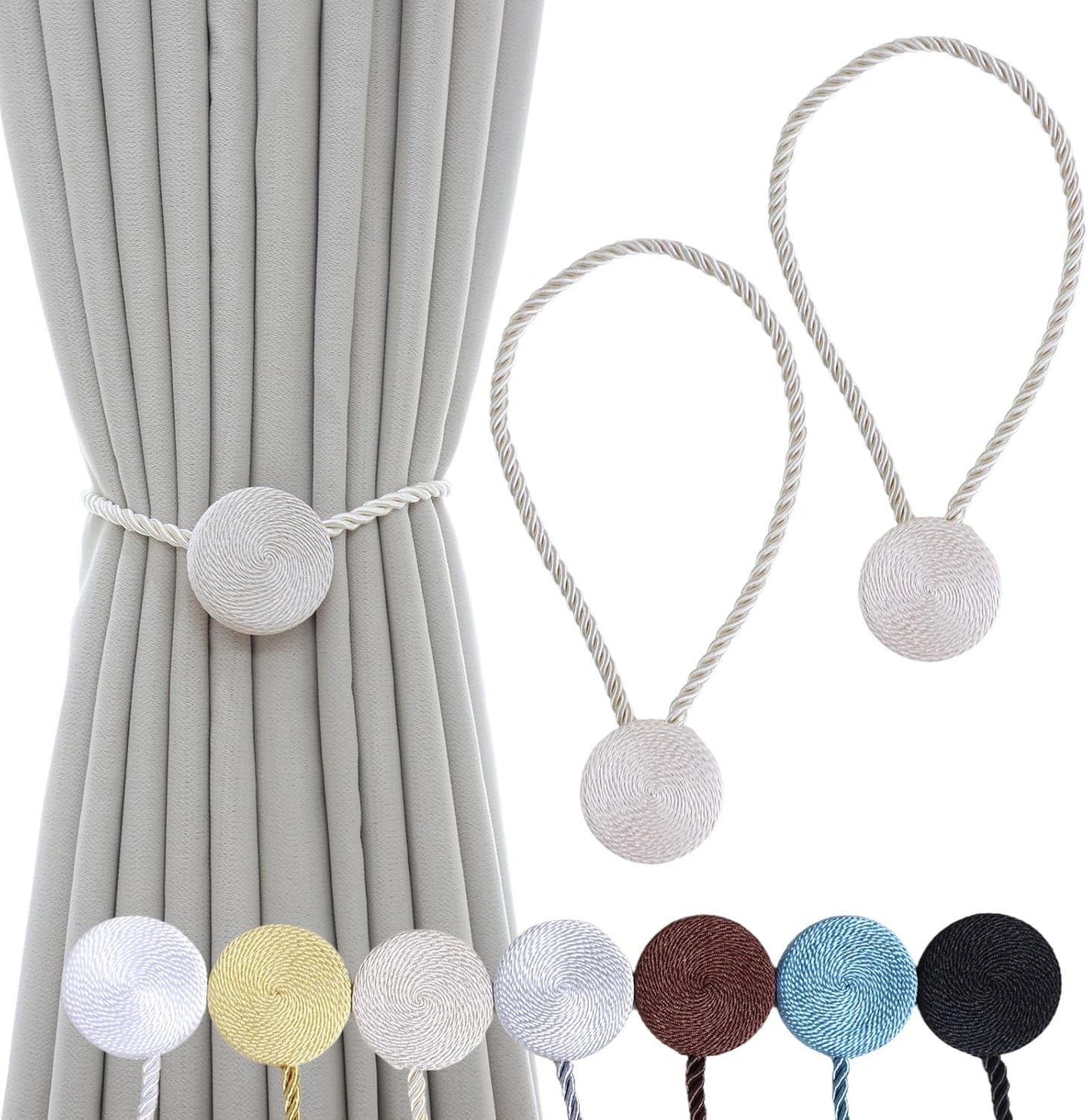 Magnetic Curtain Tiebacks - 12mm Magnetic Tie Backs for Curtains, Heavy Duty No Drill Curtain Holdbacks for Home/Office Windows Drapes, Elegant Gift-Ready Design 7 Colors (2, Beige)