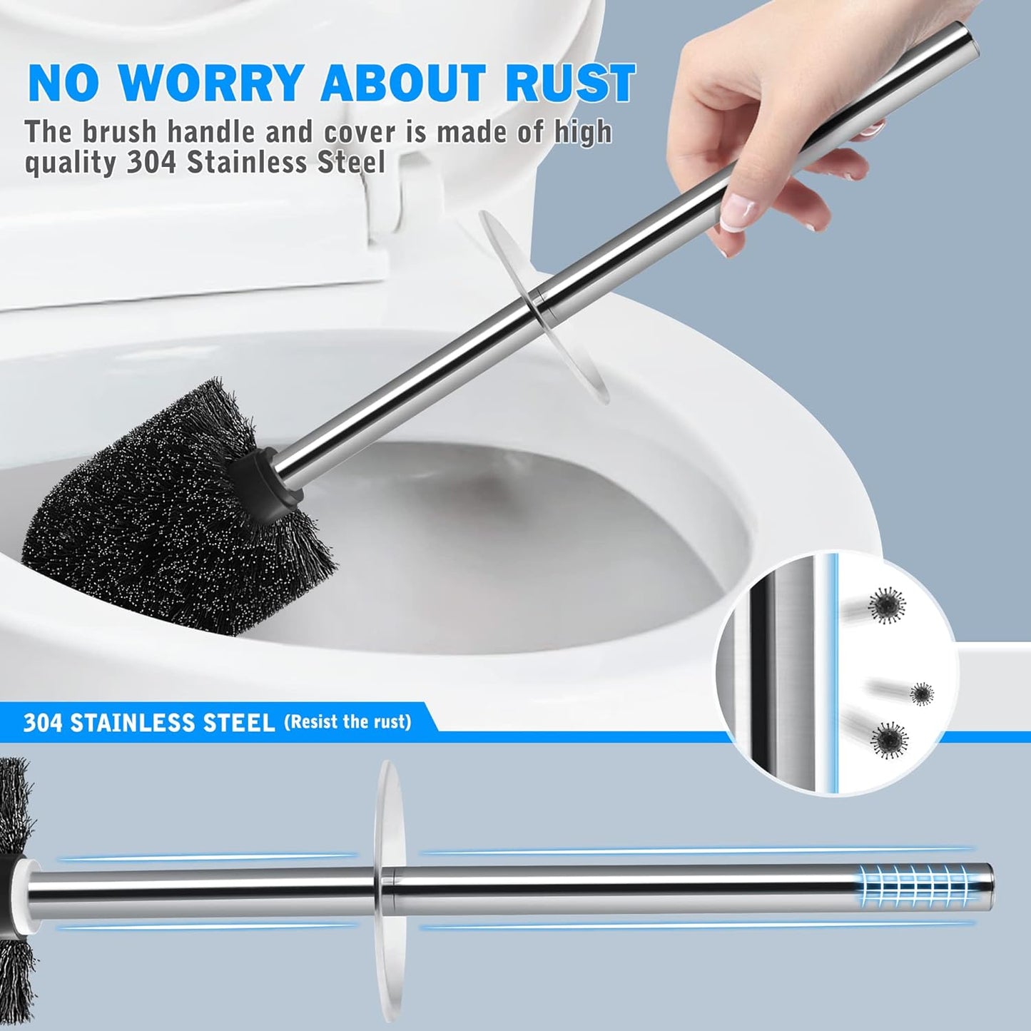 Toilet Brush and Holder, 2 Pack Toilet Brush with 304 Stainless Steel Long Handle, Toilet Bowl Brush for Bathroom Toilet-Ergonomic, Elegant,Durable (Black)