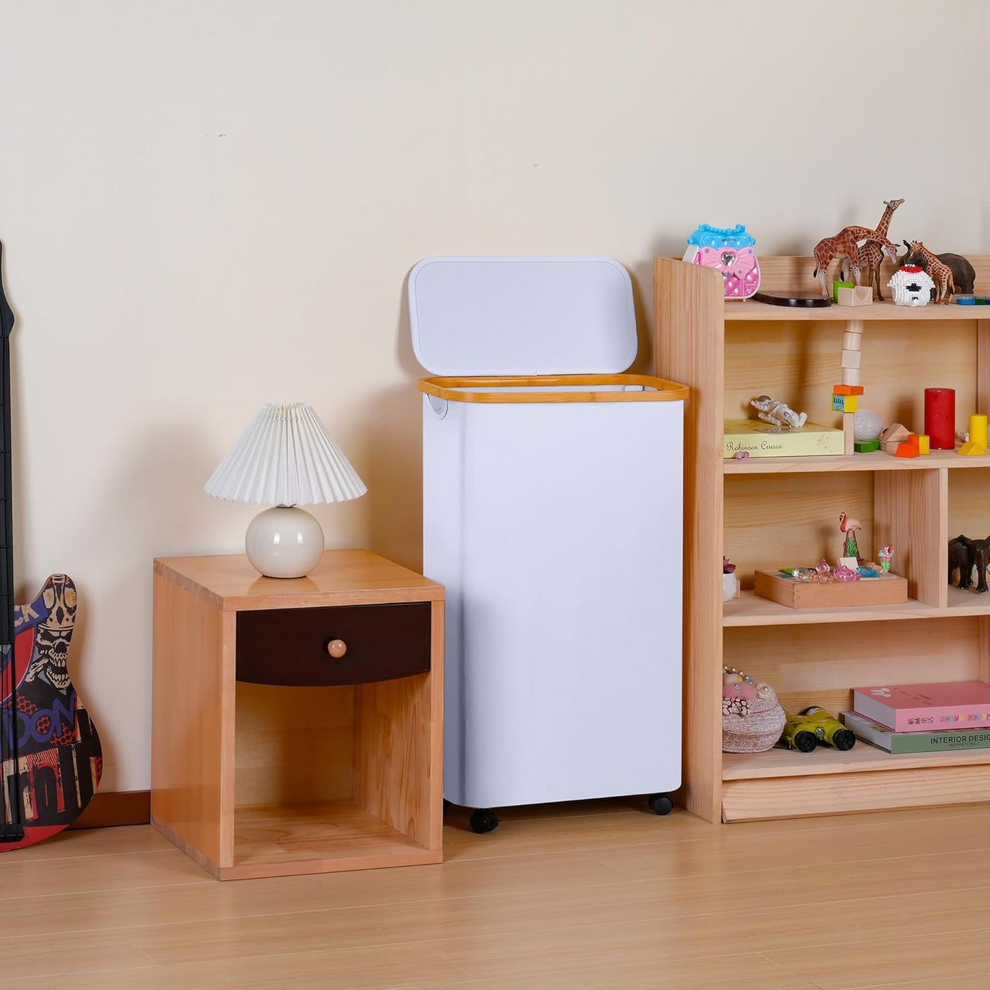 Slim Laundry Basket with Wheels,Narrow Hampers for Laundry,Freestanding Laundry Hamper with Lid&Bamboo Handles,Collapsible & Waterproof Tall Cloth Hamper for Dorm Family(60L White)