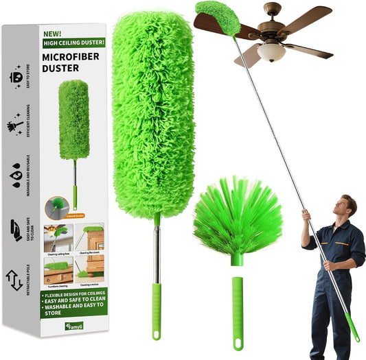 Cobweb Duster with Extension Pole, Washable Cleaning Duster Set with 2 Duster Heads, Corner Brush, 15-110-Inch Telescoping Pole for high Ceiling Fans, Long Duster for high Ceilings，Reach Duster