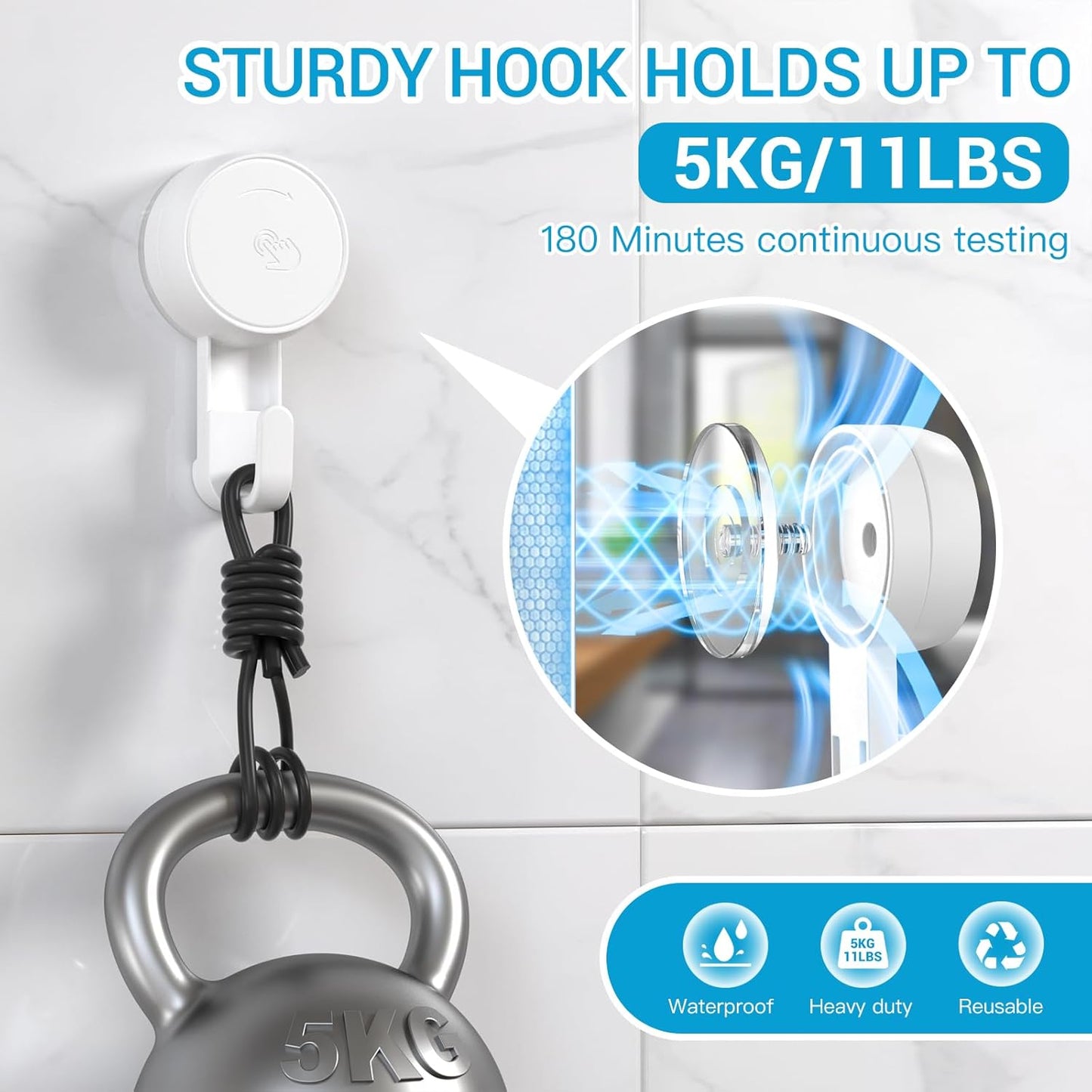 LUXEAR Suction Hooks Powerful Vacuum Suction Shower Hook- Heavy Duty Hangers Waterproof Wall Hooks for Bathroom Kitchen Towel, Robe, Loofah Removable and Reusable Hooks for Bags Coat (2 Pack)