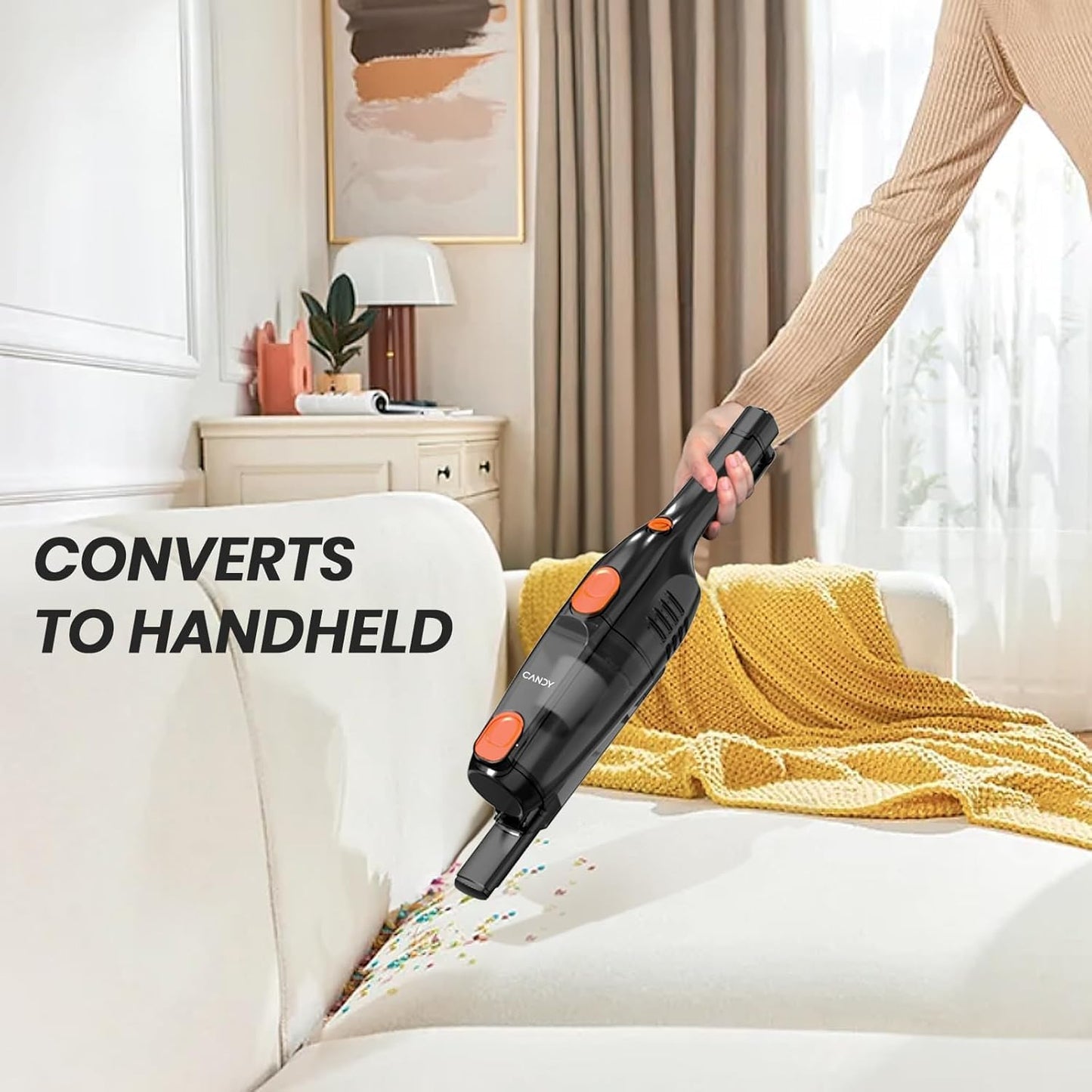 Candy Corded Stick Vacuum Cleaner, Powerful Suction Handheld Vacuum with One-Click Dust Disposal, 3-in-1 Use for Hard Floor, Ceramic Tile, 0.8 Liters Capacity, Easy Clean