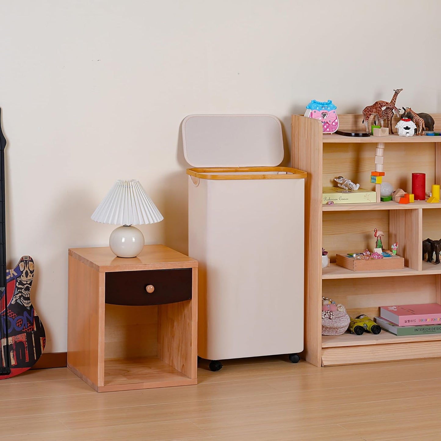 Slim Laundry Basket with Wheels,Narrow Hampers for Laundry,Freestanding Laundry Hamper with Lid&Bamboo Handles,Collapsible & Waterproof Tall Cloth Hamper for Dorm Family(60L Beige)