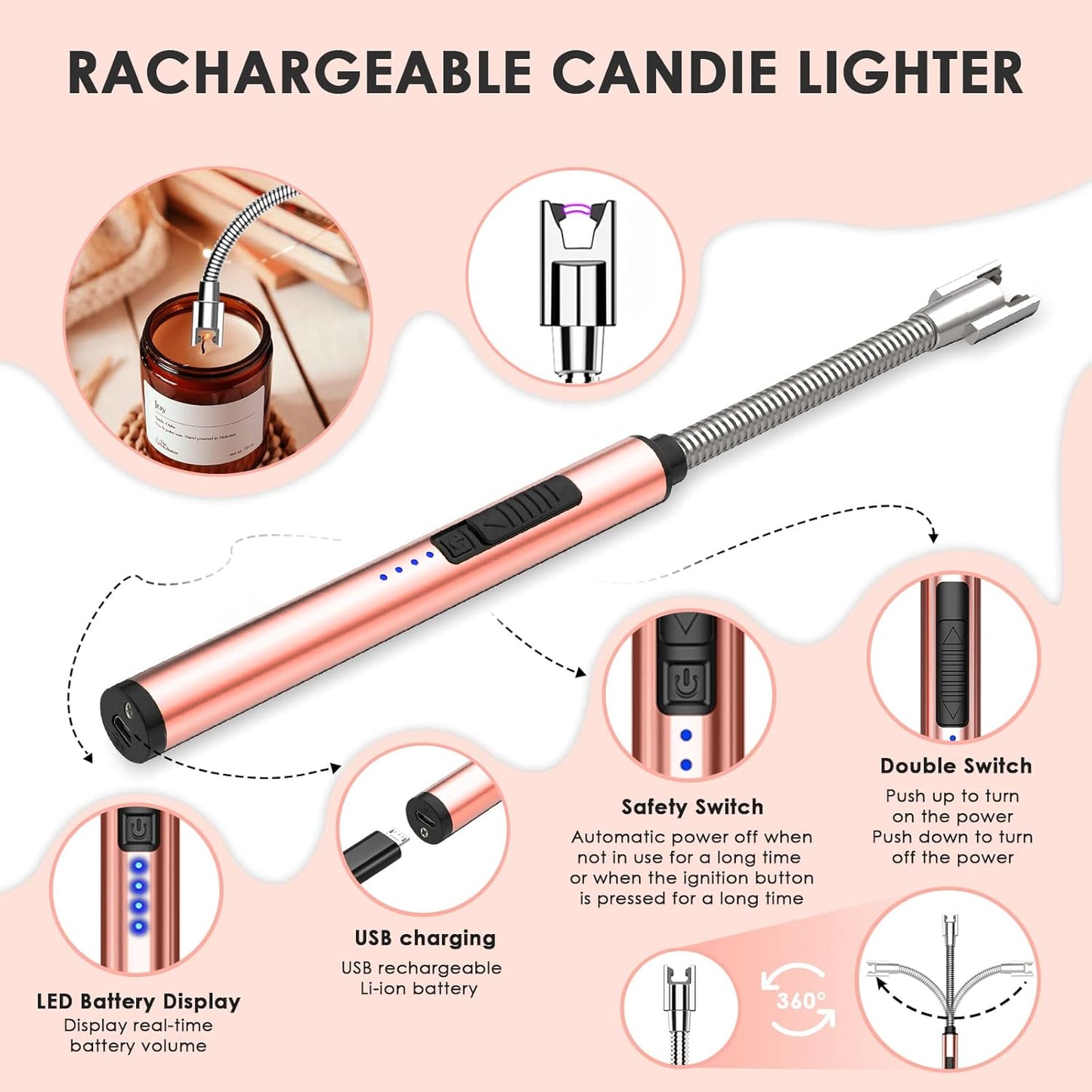 5 in 1 Candle Accessory Set,Candle Wick Trimmer Cutter Set,Candle Wick Dipper,Candle Wick Snuffer,Rechargeable Candle Lighter,Tweezers,Stainless Steel Candle Care Kit Gift for Aromatherapy(Rose Gold)…