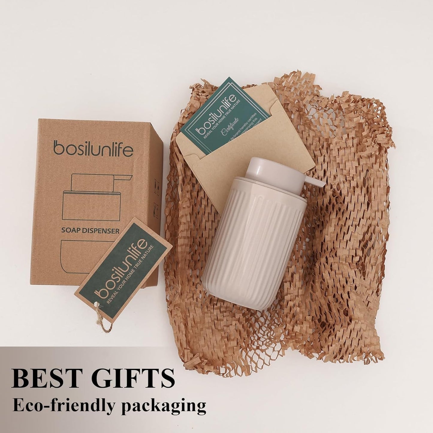 BosilunLife Dish Hand Soap Dispenser - Khaki Liquid Pump Soap Dispenser for Bathroom Decro 12oz Ceramic Kitchen Dish Dispenser with Rust-Proof Liquid Pump Modern Refillable Lotion Bottles