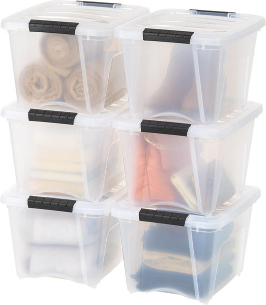 IRIS USA 19 Qt Stackable Plastic Storage Bins with Lids, 6 Pack - BPA-Free, Made in USA - See-Through Organizing Solution, Latches, Durable Nestable Containers, Secure Pull Handle - Clear