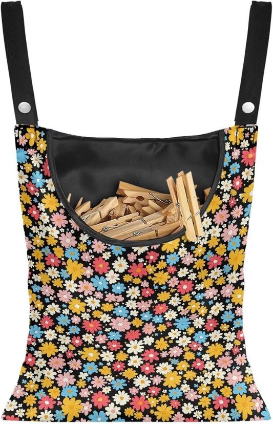 Clothes Pin Hanging Bag, Large Capacity Clothespin Bag with A Large Opening, Clothes Pin Hanging Bag Space-Saving Organize for Clothesline Outdoor - Hippie Flower Pattern
