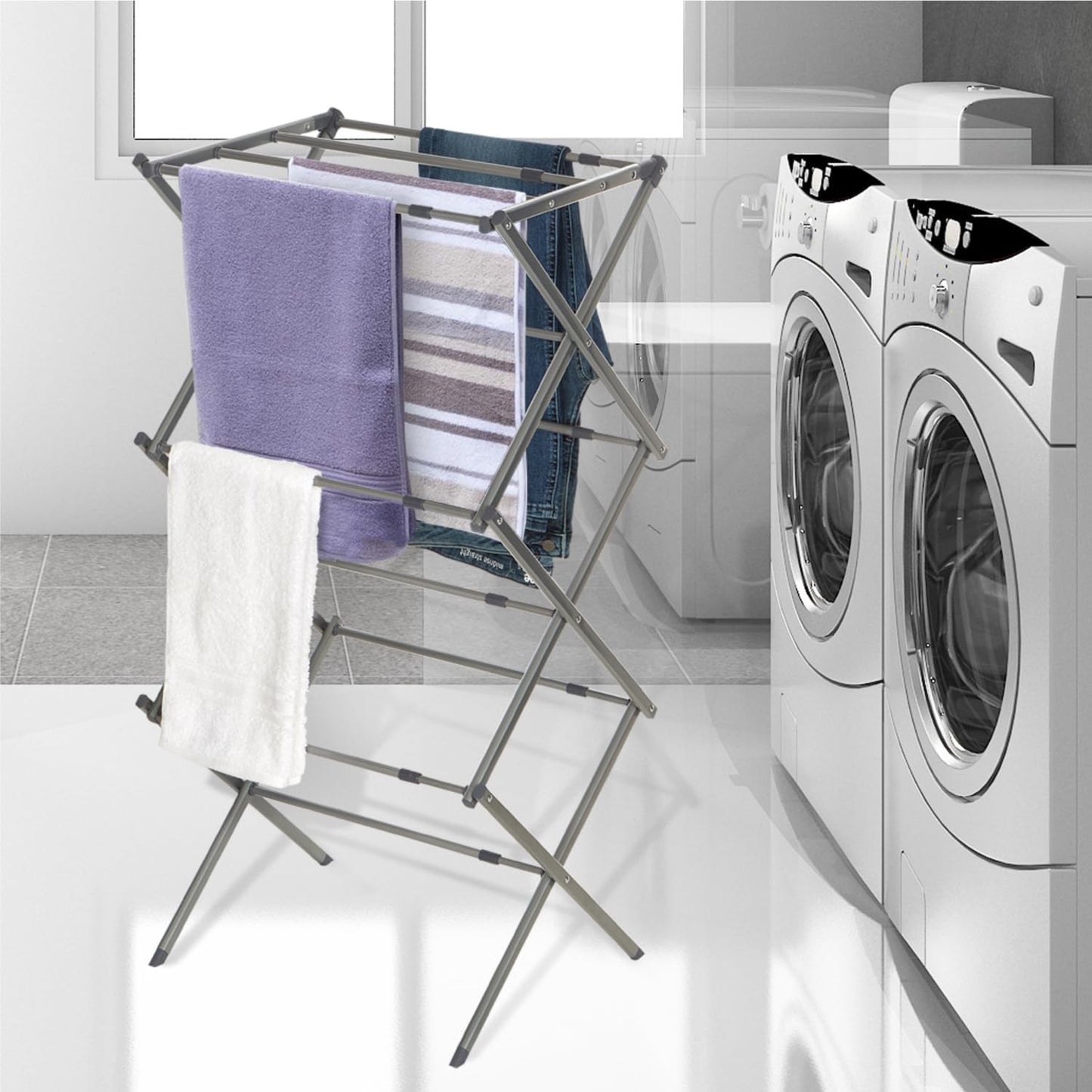 BLACK+DECKER 3 Tier Expandable Collapsing Foldable Laundry Rack for Air Drying Clothing, Space Saving Heavy Duty Lightweight Metal Drying Rack(Silver)