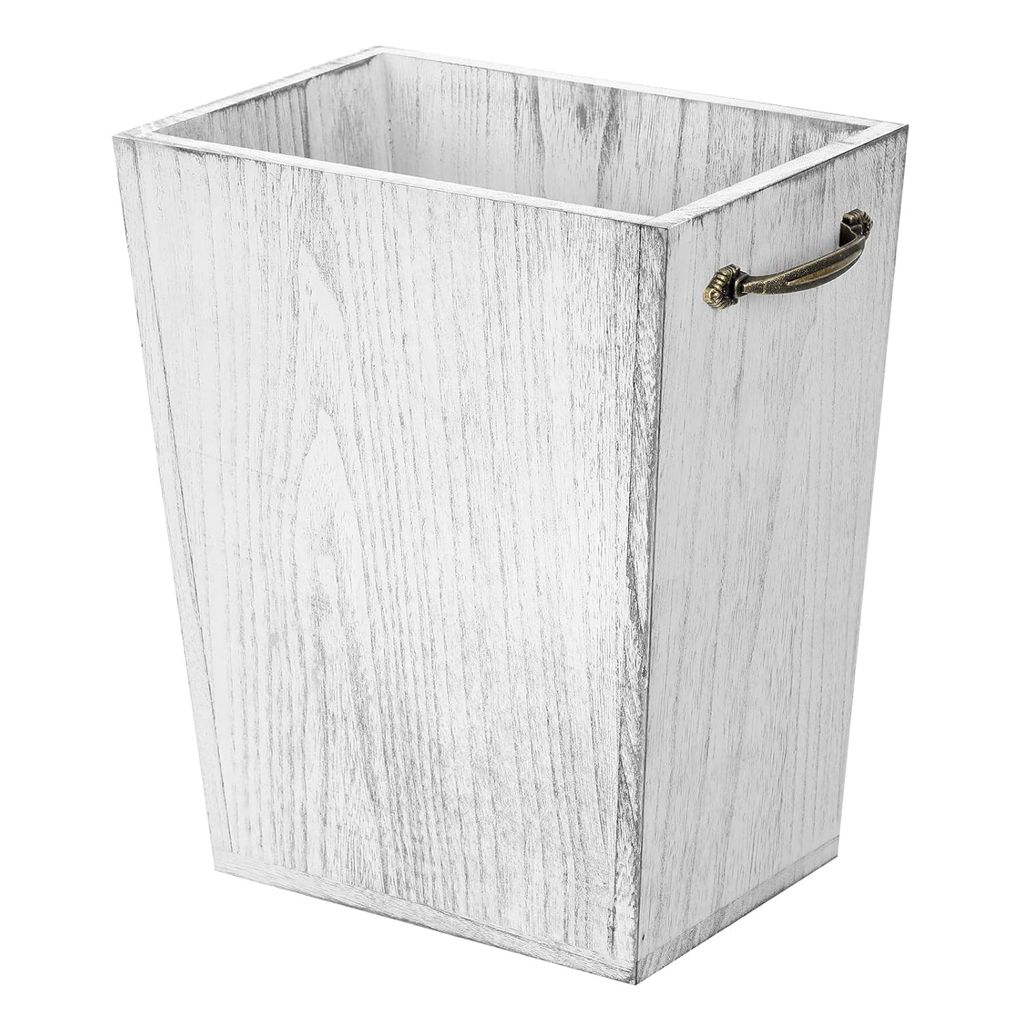 Wood Wastebasket Trash Can Rustic Farmhouse Square Garbage Container Bin with Decorative Metal Handle for Bedroom, Living Room, Bathroom & Office