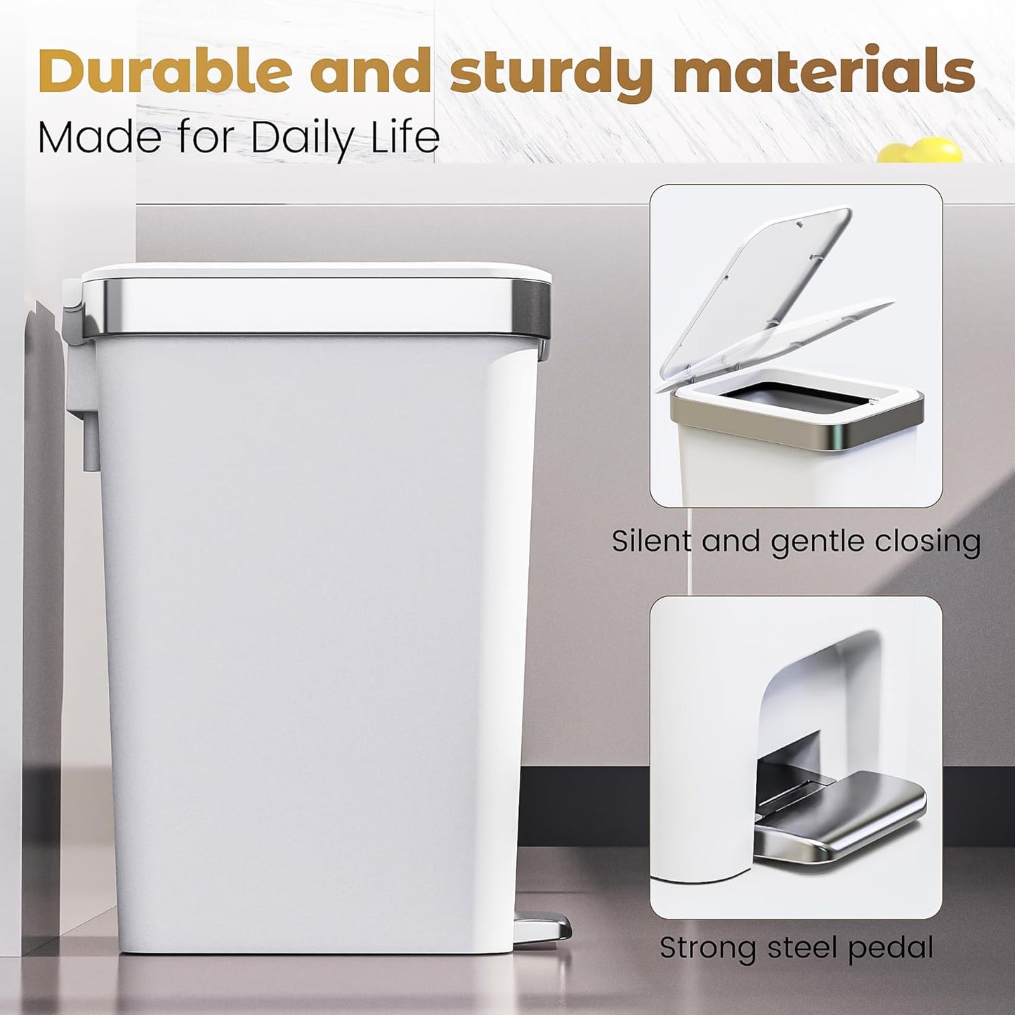 Small Bathroom Trash Can with Lid Soft Close, 10 Liter/2.6 Gallon Slim Garbage Can-Metal Step and Press top Lid, Mini Modern Waste Basket for Toilet, Office, Bedroom,Dorm,Grayish-White