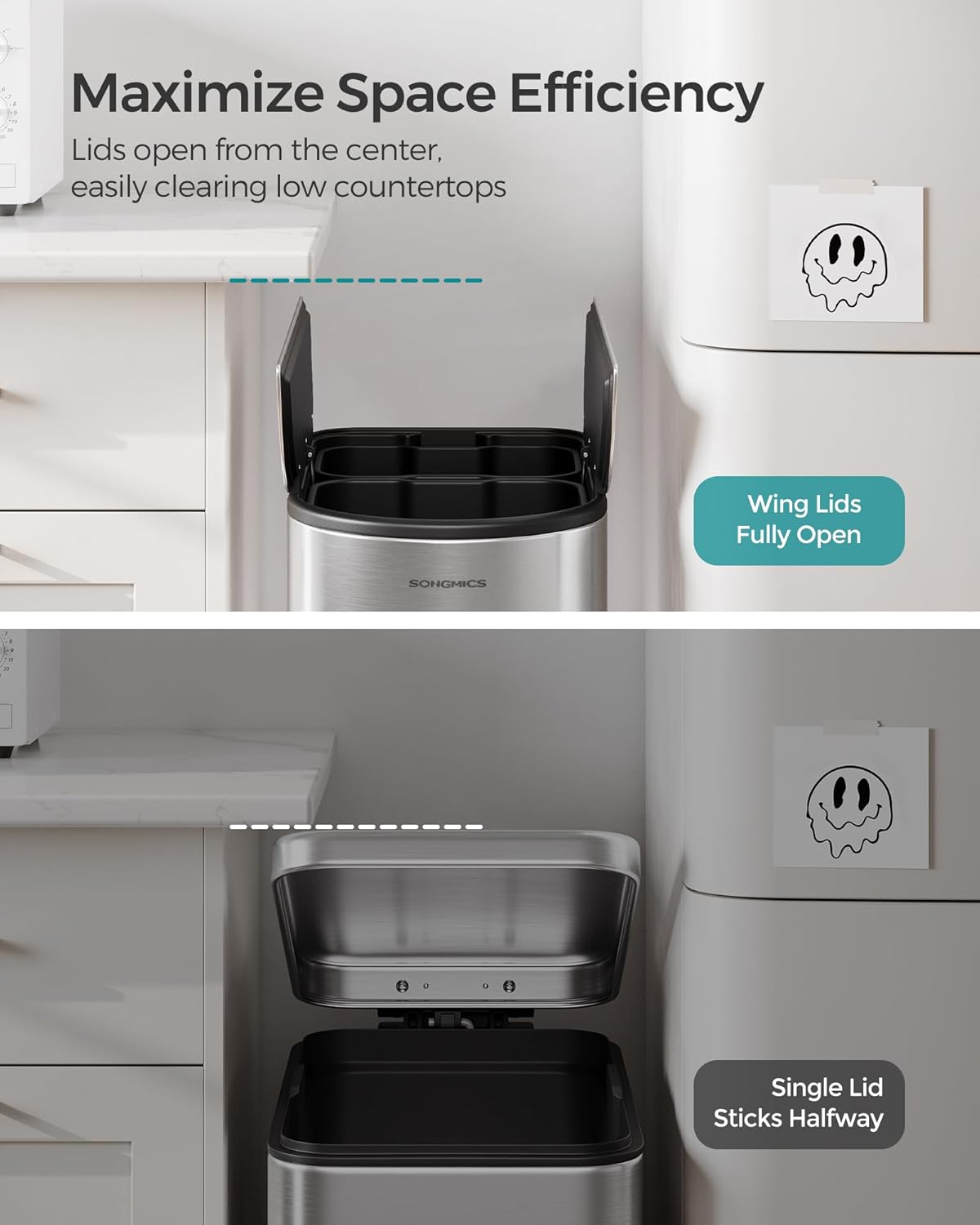 SONGMICS 13-Gallon Dual Kitchen Trash Can, 5.3 and 8 Gallon Compartments, Garbage Can with Wing Lids, Stainless Steel, Soft Close, Inner Buckets, Metallic Silver ULTB570E50