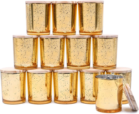 Thick Candle Jars for Making Candles 12 Pcs, 7 OZ Empty Jars with Wood Lids for Candle Making, Sample Container, Gold