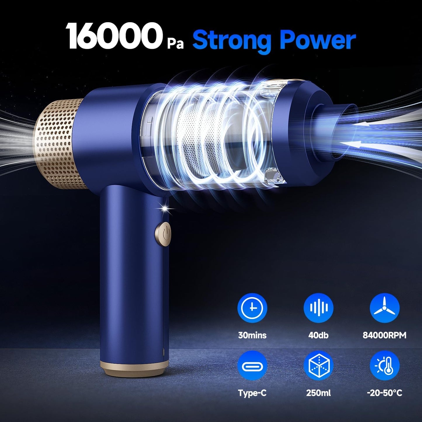 Car Vacuum Cleaner, 16000PA Mini Car Vacuum Cordless Powerful, 7 in 1 Portable Handheld Vacuum Cordless with LED Light, Dual Filters, One-Touch Empty for Pet Hair, Home, Office