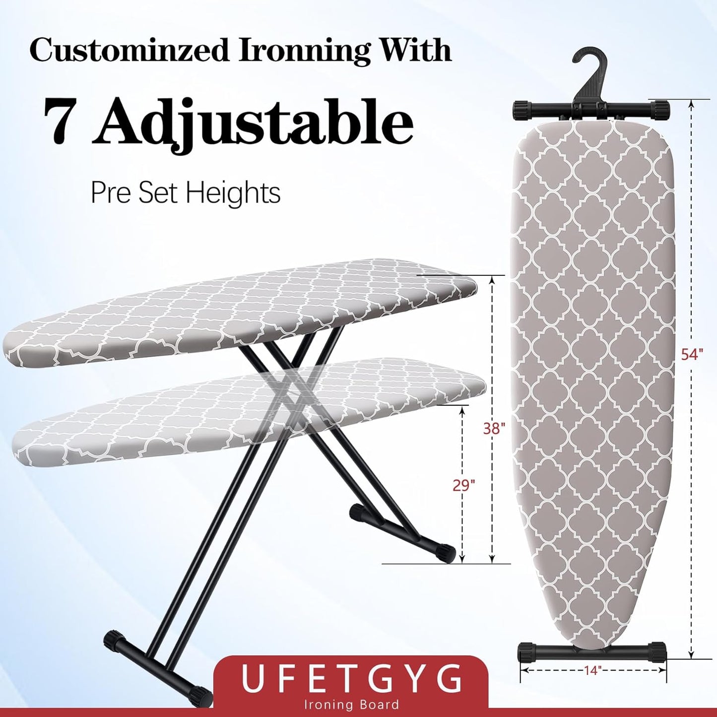 Ironing Board with Silicone Iron Rest pad,Extra Thick Cover,14x54 Compact and Space Saver Iron Board, Height Adjustable,Stable Structure, Easy to Fold, White and Gray