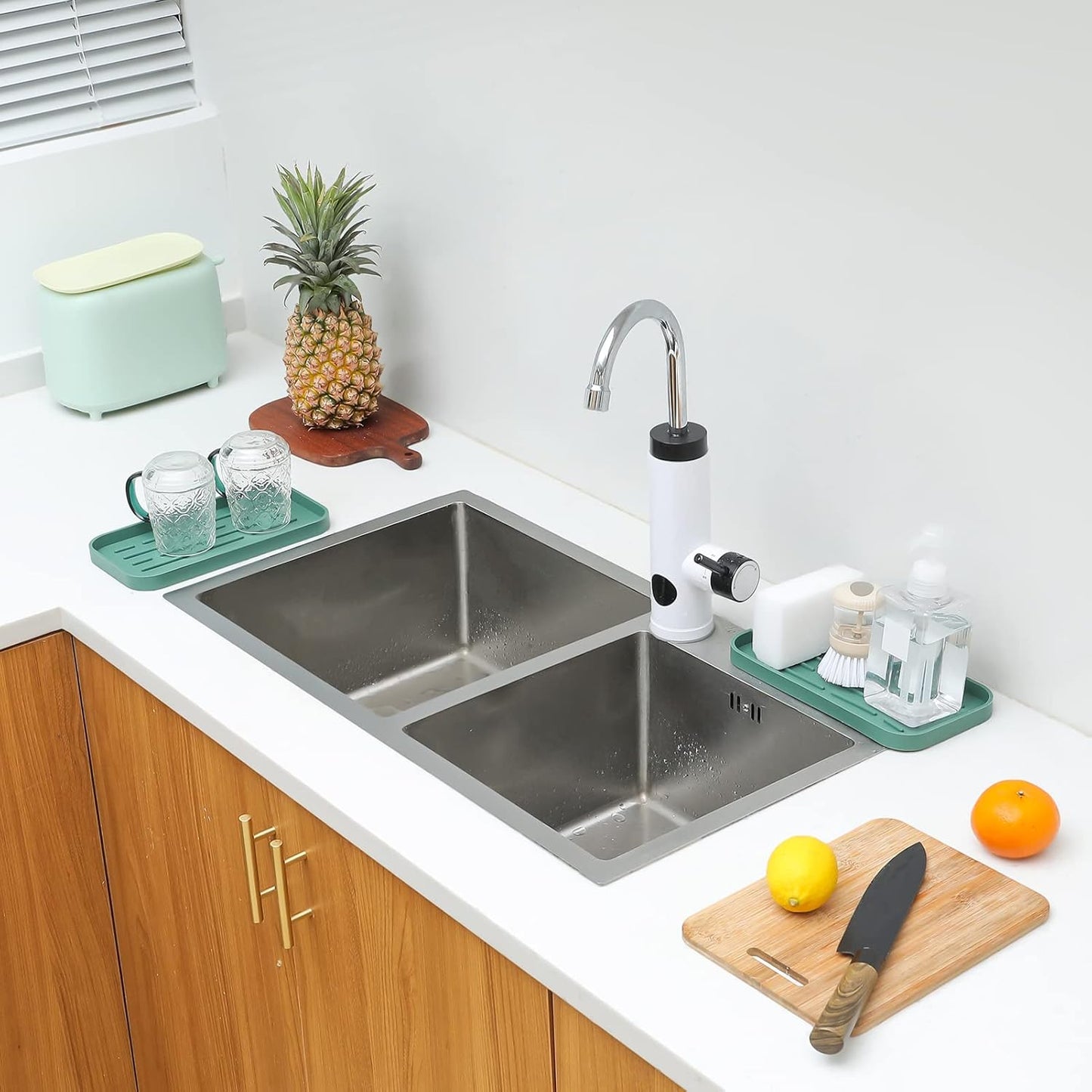 Silicone Kitchen Sink Organizer Tray for Multiple Usage,Eco-Friendly Sponges Holder for Kitchen Bathroom Counter or Sink,Dish Soap Dispenser,Scrubber,Bottle,Cup (Green, 10"×5.3")