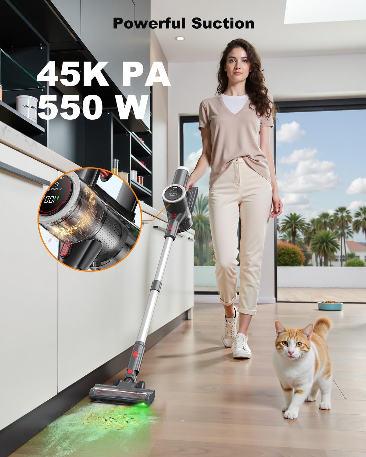 Cordless Vacuum Cleaner, 6-in-1 Lightweight Stick Vacuum with 45mins Runtime, LED Display & Light, Self-Standing, Rechargeable Cordless Vacuum for Carpet, Tile, Pet Hair, Hardwood Floors (Gray)