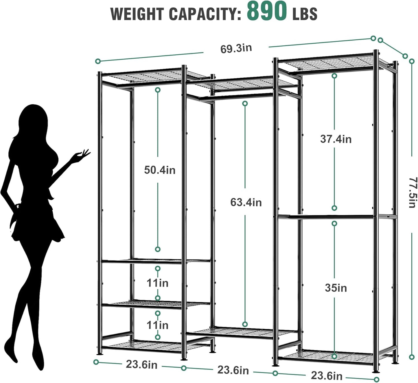 Wardrobe Closet Heavy Duty Clothes Rack, Portable Closet Organizer System with 4 Hang Rods & 8 Shelves, Metal Clothing Rack Garment Rack for Hanging Clothes, Max Load 890 LBS
