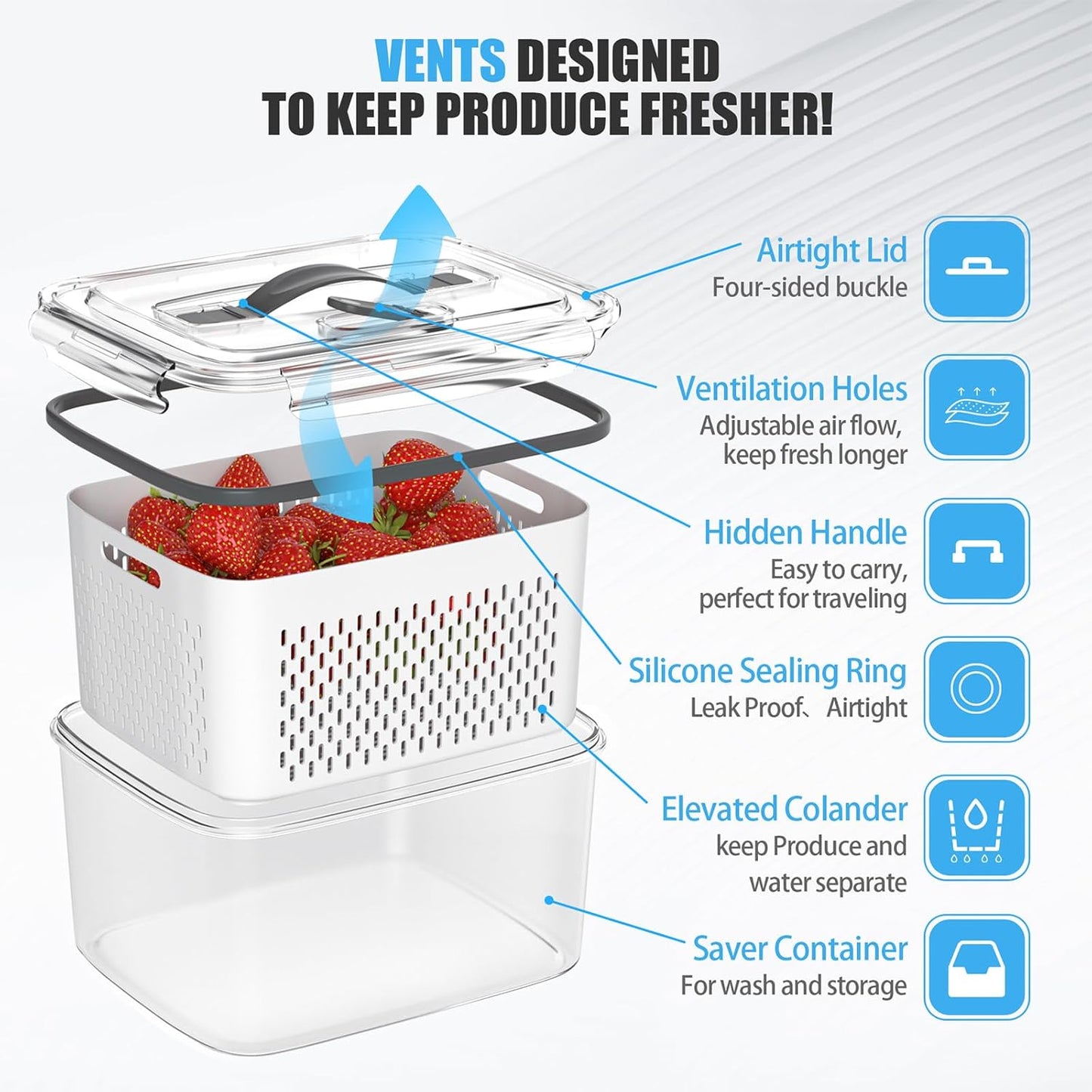 5 Pack Fruit Storage Containers for Fridge - Clear Berry Containers with Colander, Airtight Fridge Organizer Bins with Vent Handle Lids for Refrigerator Organizers and Storage Keep Fresh