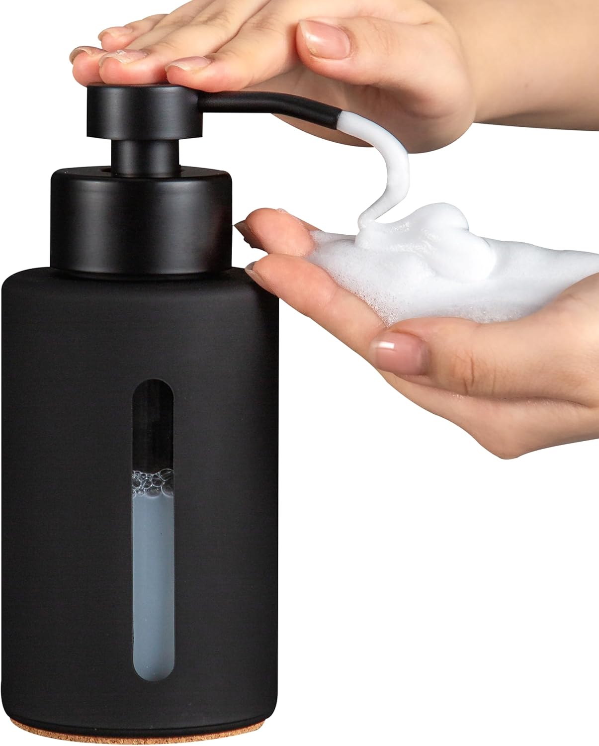 Enra Foaming Soap Dispenser with Window,12oz Bathroom Hand Soap Dispenser with Stainless Steel Foam Pump, Modern Thick Glass Refillable Bottle for Bathroom Kitchen (Black Foam Dispenser)