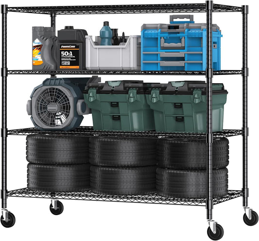 Himimi 4 Tier Wire Shelving with Wheels Heavy Duty Height Adjustable Metal Shelves for Storage, Commercial Grade Steel Utility Wire Rack for Kitchen Garage Pantry Organization-24×48×72, Black