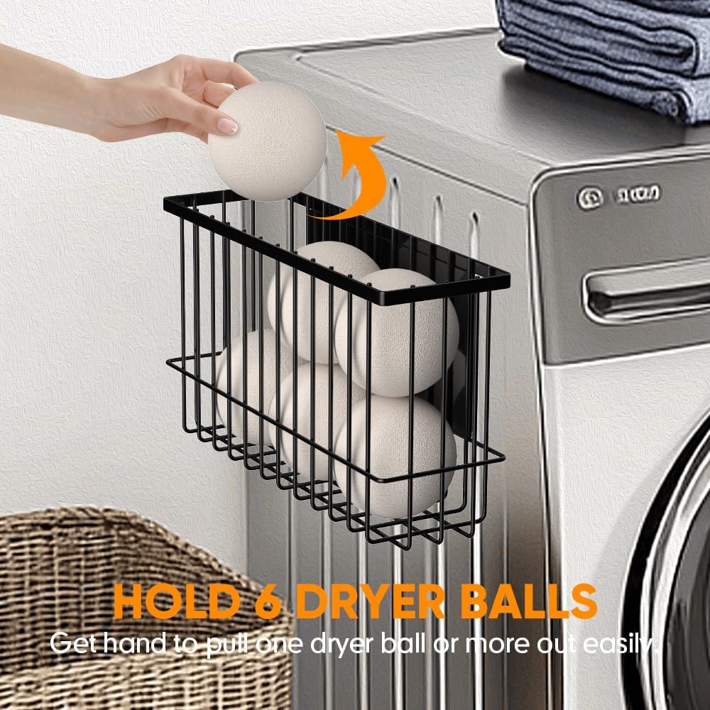 Magnetic Dryer Ball Holder for Laundry Room Organization and Storage, Magnetic Lint Bin for Laundry Room, Iron Dryer Ball Container for Laundry Room Storage (No Balls, Black)