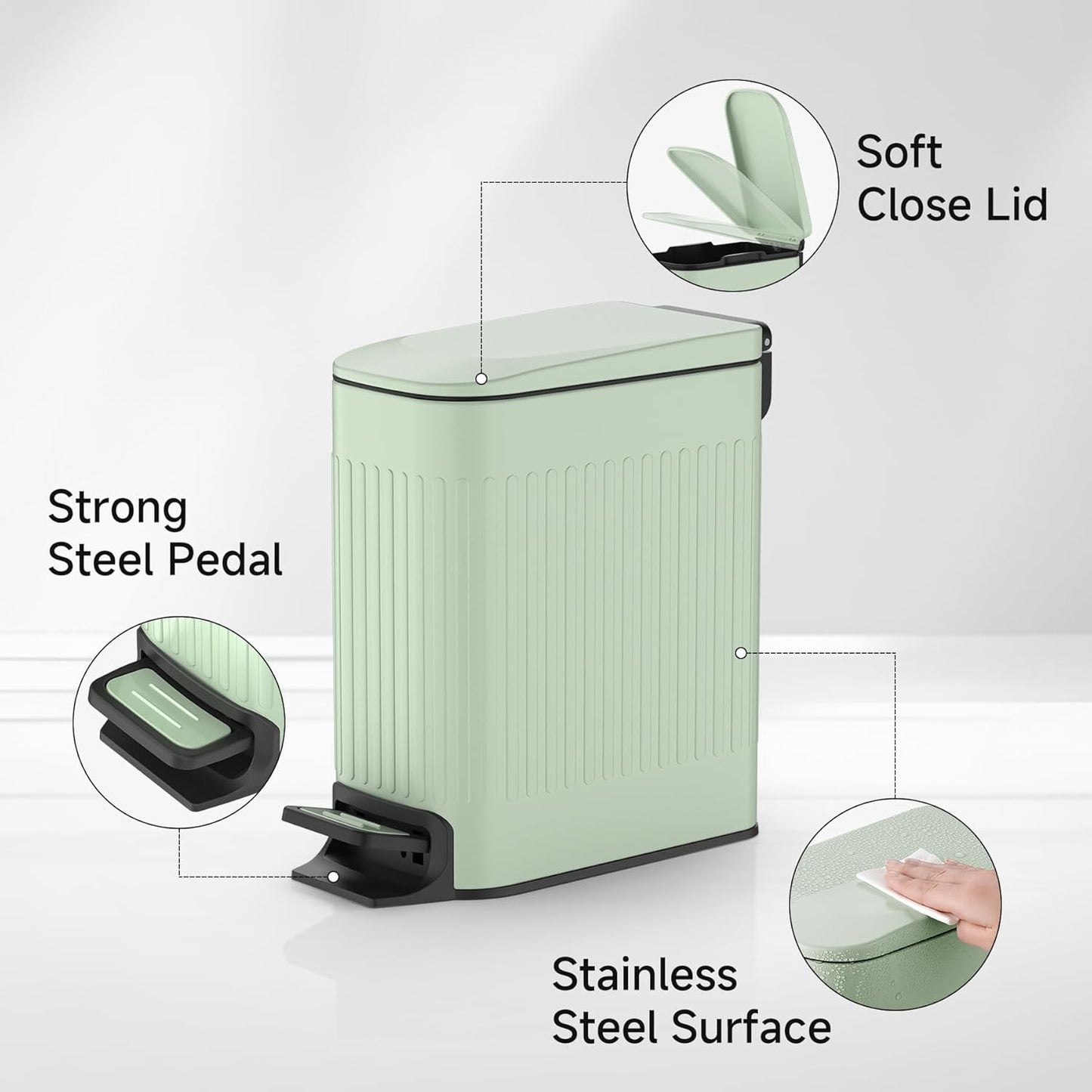 TIPGO Slim Bathroom Trash Can with Lid Soft Close, Step Pedal, 6 Liter / 1.6 Gallon Stainless Steel Trash Bin, Small Garbage Cans for Bedroom, Office, Kitchen (Green)