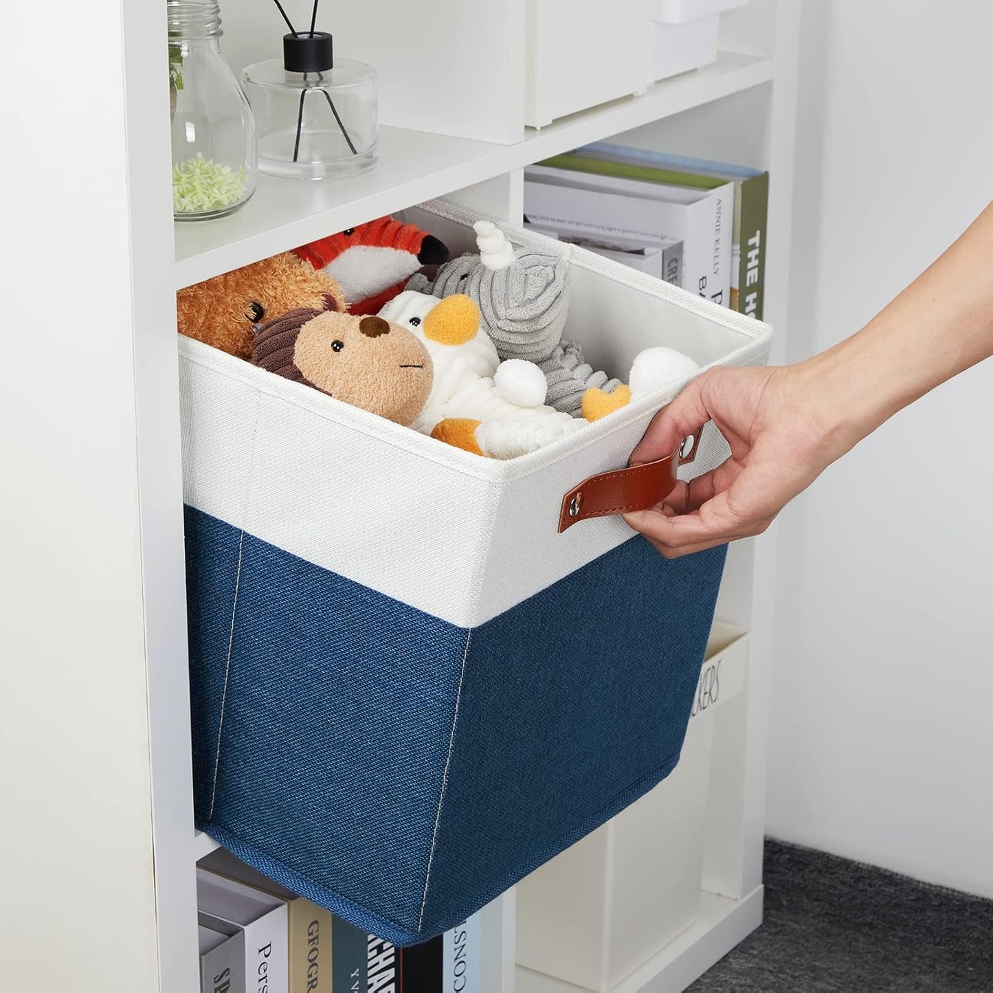 DULLEMELO 12 inch Cube Storage Bins, Gift Baskets Empty for Boy Girl Mother Father Christmas Festival,Fabric Storage Bins Cube Organizer Baskets With Leather Handles(White&Blue-4 Pack)