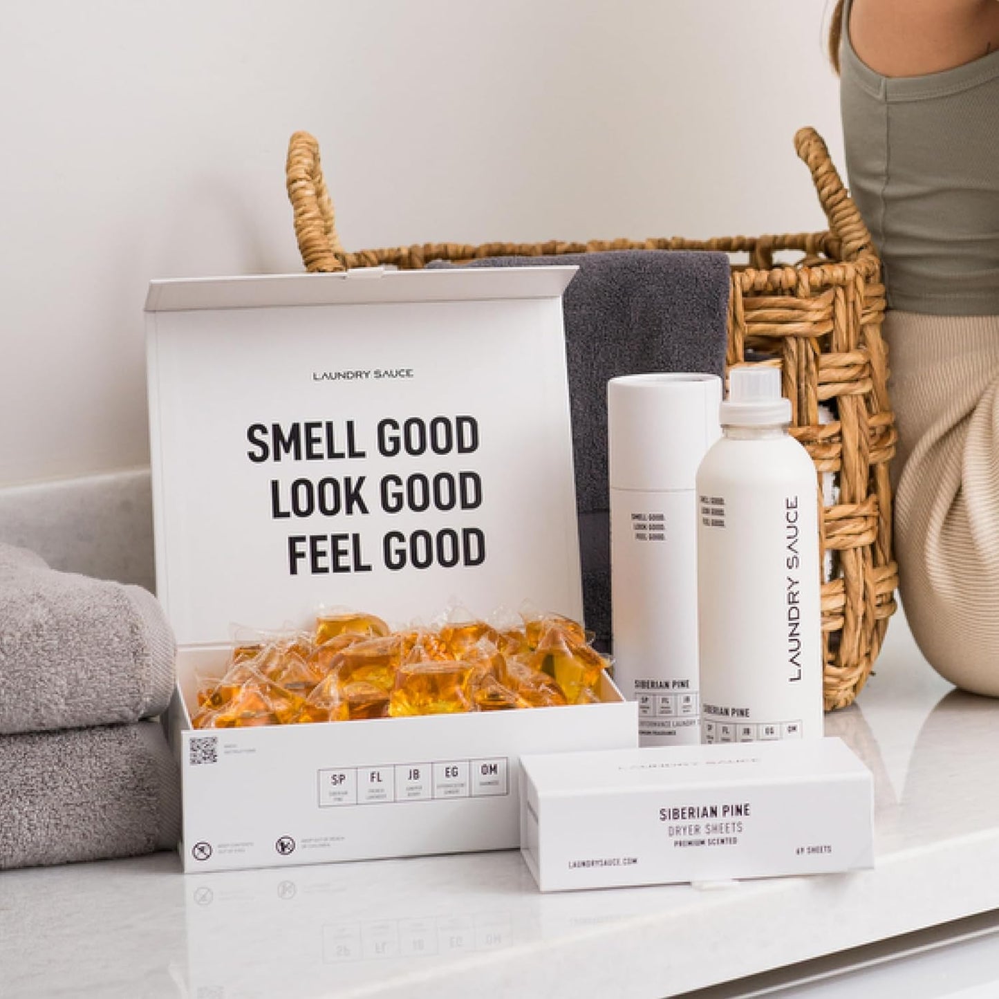 Laundry Sauce - Signature Bundle Siberain Pine, Scented Laundry Detergent Pods & Scent Booster, Fabric Softener, Dryer Sheets, Fabric Protection, Essential Oils, Long Lasting Luxury Fragrance