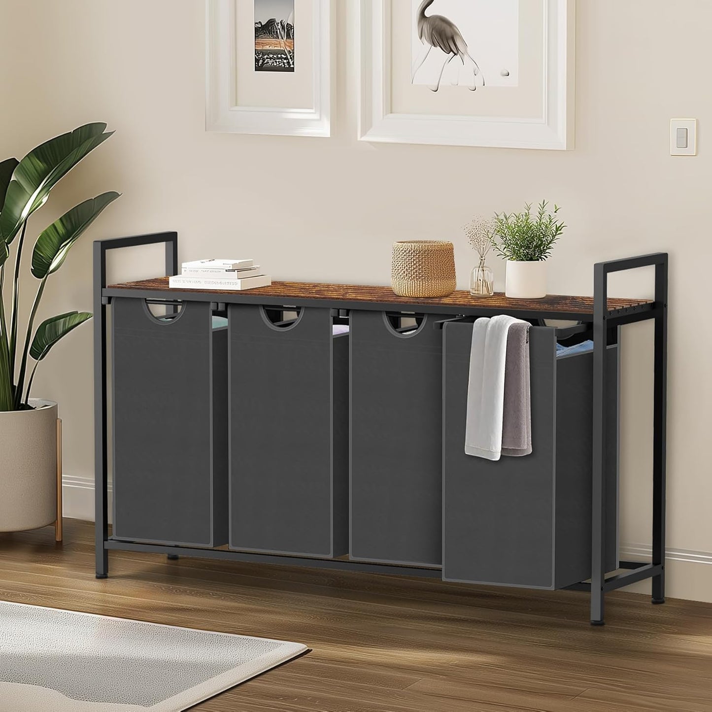 Laundry Hamper, Laundry Sorter with 4 Pull-Out Removable Oxford Fabric Bags Cloth Laundry Basket 4 x 10 Gallons (Grey and Rustic Brown)