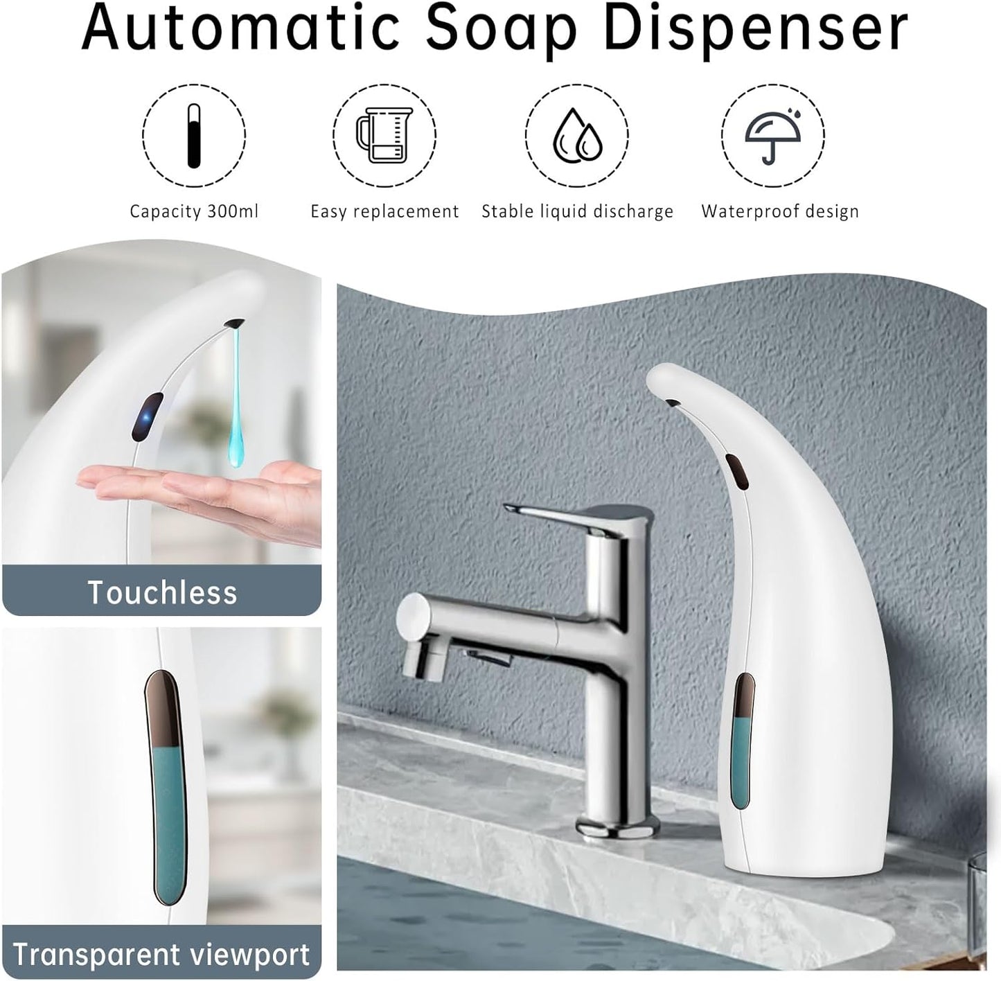 Automatic Liquid Soap Dispenser,300ML Touchless 4 Gear Adjustable,Countertop Electric Battery Operated White Hand Soap Dispenser with Sensor for Bathroom,Kitchen,Office