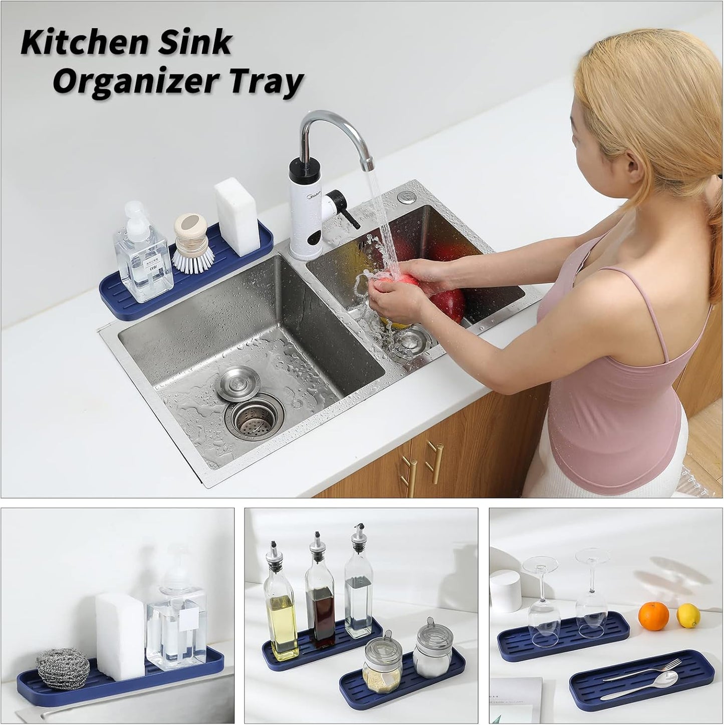 Silicone Kitchen Sink Organizer Tray for Multiple Usage,Eco-Friendly Sponges Holder for Kitchen Bathroom Counter or Sink,Dish Soap Dispenser,Scrubber,Bottle,Cup (Navy Blue, 12"×4")