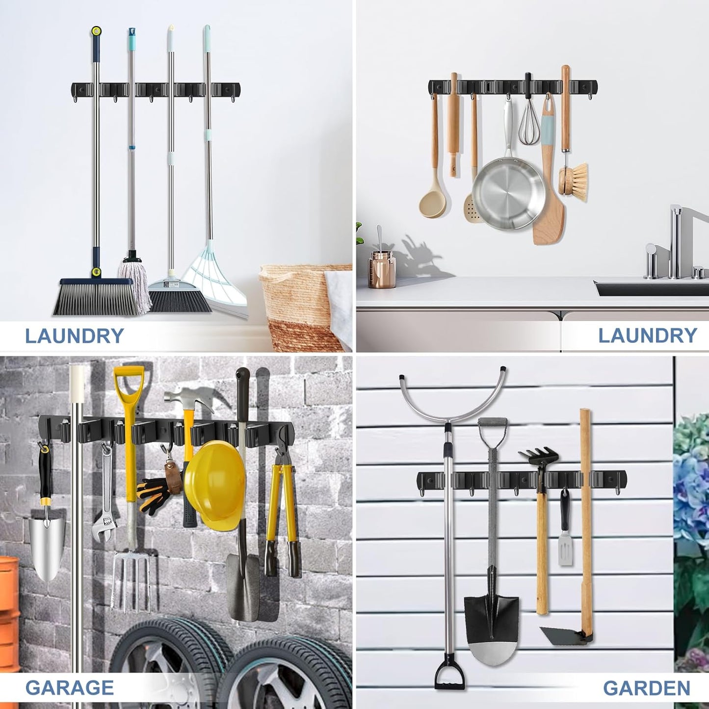 nacena Broom holder Wall Mount, 2-Pack Black Stainless Steel Self-Adhesive Mop and Broom Hooks Heavy Duty Broom and Mop Storage Rack laundry room organization for Kitchen Garden garage