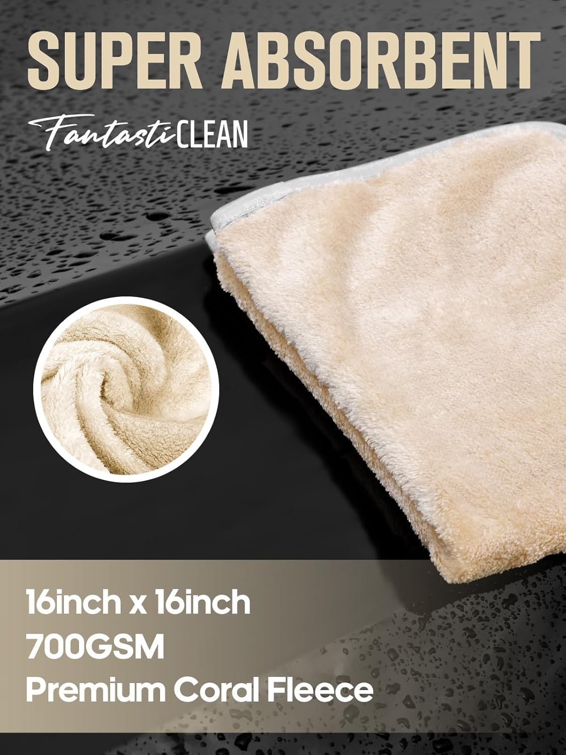 Fantasticlean Microfiber Car Detailing Towels, Car Drying Towel with Edge, Plush, Coral Fleece, 700GSM, 16" x 16", 6 Pack, Scratch-Free, Ultra Absorbent, Car RV Boat Home Cleaning (Grey and Camel)