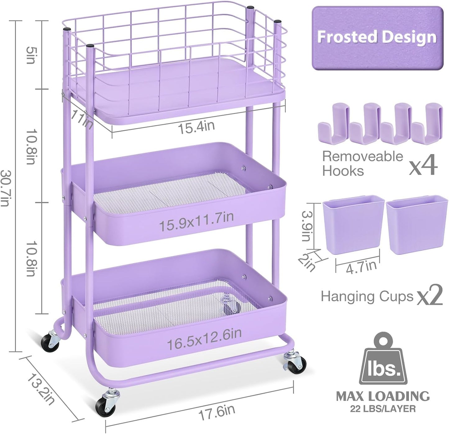 KINGRACK 3 Tier Rolling Cart, Metal Mobile Storage Shelf with Lockable Wheels, Prevent Falling Utility Trolley Cart, Storage Organizer for Kitchen, Office, Bathroom, Dorm, Purple