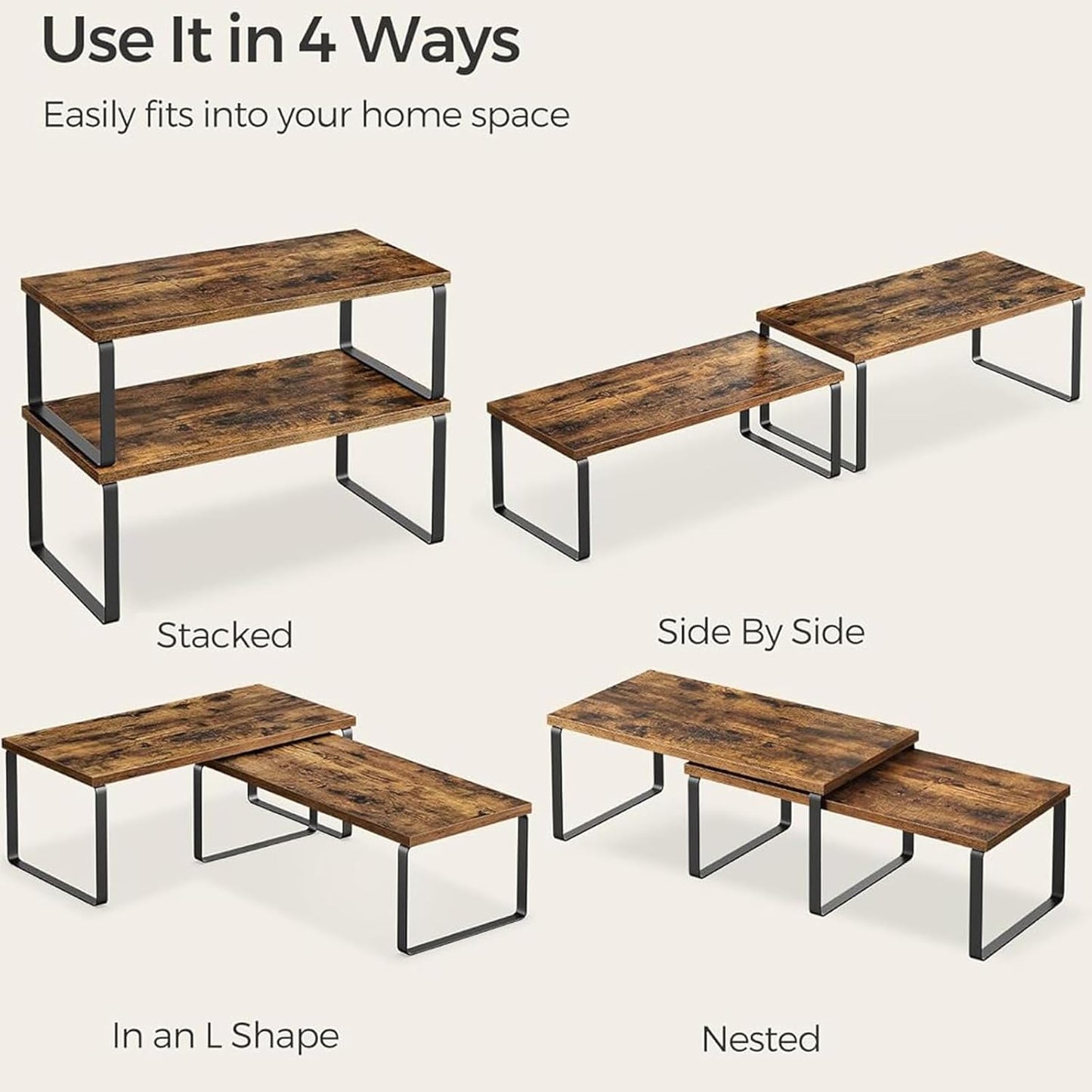 Cabinet Organizer Shelf, Kitchen Counter Storage, 2-Piece Set, Stackable Spice Rack, Metal and Wood (Black and Rustic Brown)