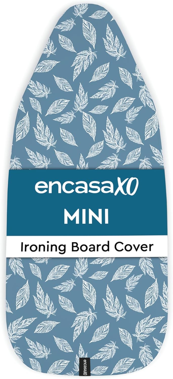 Encasa XO Ironing Board Cover and Pad 28"x12" - Thick 3mm Felt Padding, Drawstring Tightening & Lock, Easy Fit, Scorch & Stain Resistant, Fits Mini Ironing Board - Big Leaves Blue