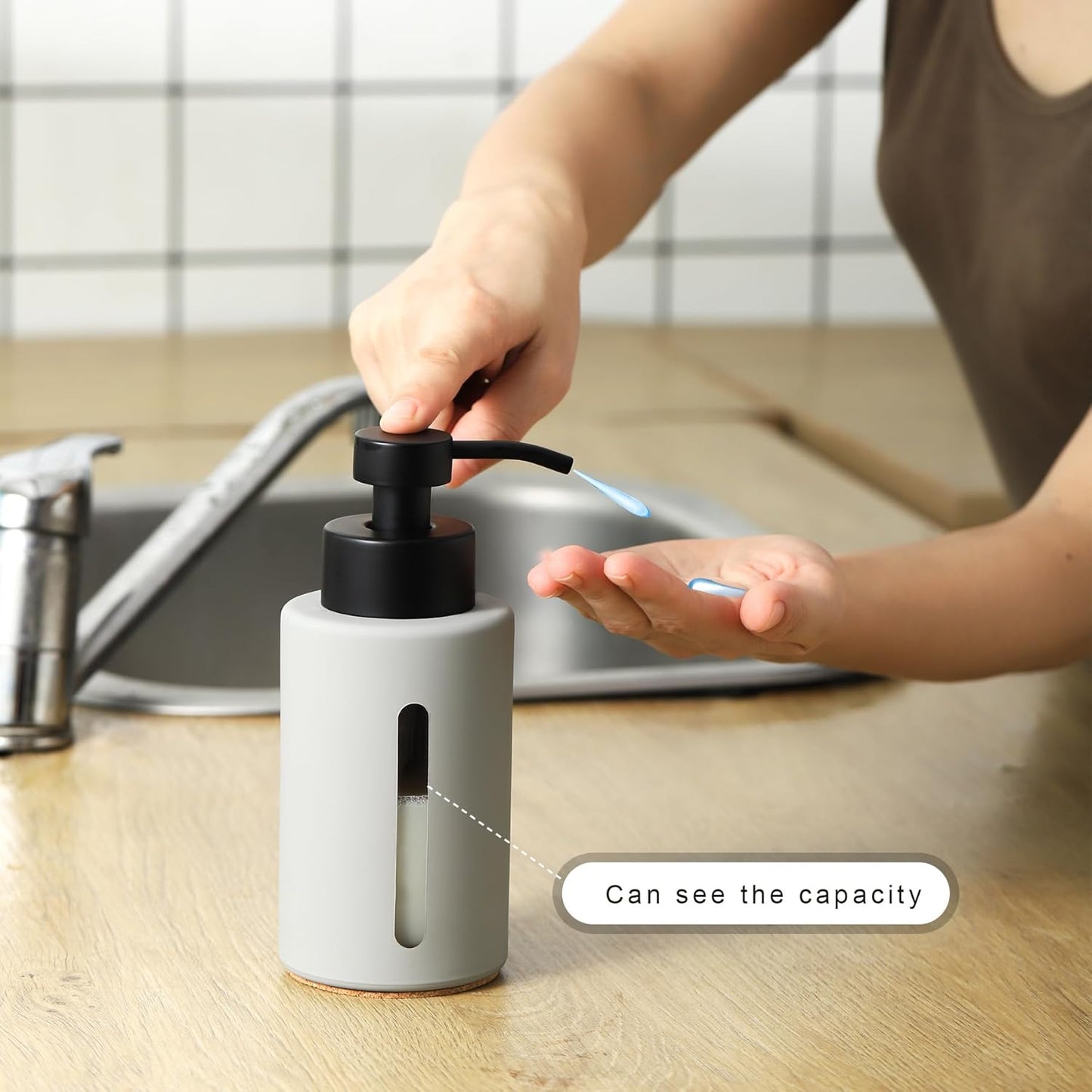 Enra Glass Dish Soap Dispenser with Window,12oz Light Gray Soap Dispenser with Stainless Steel Hand Lotion Pump,Refillable Bathroom Soap Dispenser for Bathroom Kitchen(Light Gray/Liquid Type)