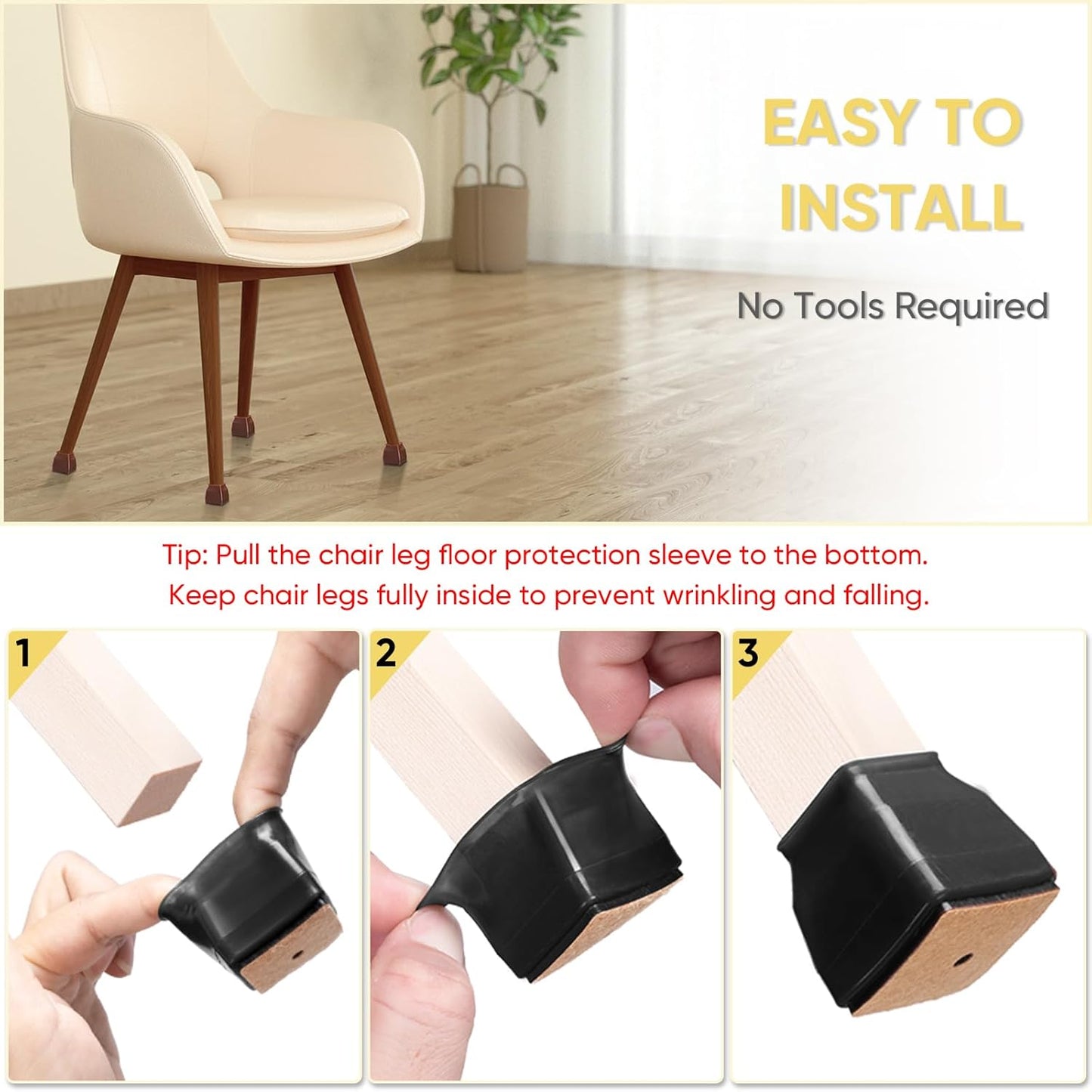 BALEINE 24 Pack Silicone Chair Leg Floor Protectors, Stool Leg Protectors Cap, Non-Slip Chair Leg Caps for Hardwood Floors (Black & Large (Square), 24 Pack)