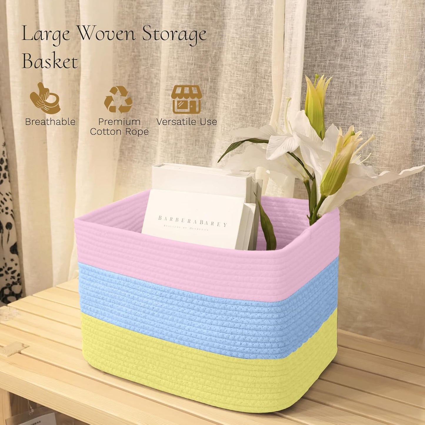 Hopegiver Woven Storage Baskets 15x11x10 Inch, 3 Pack Collapsible Cube Storage Bin for Shelves - Foldable Cotton Rope Organizer Bins for Towels, Toys, Books, Closet, Nursery (Pink Blue Yellow)