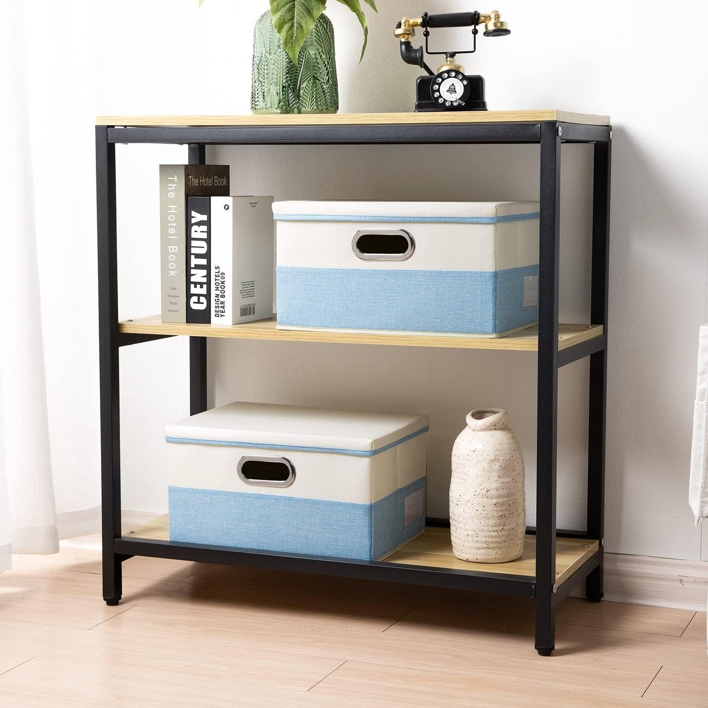 PRANDOM Collapsible Storage Bin with Lid [3-Pack] Fabric Foldable Storage Box Organizer Container Basket Cube with Cover for Home Bedroom Closet Office Nursery Blue&Cream(14.9x9.8x9.8)