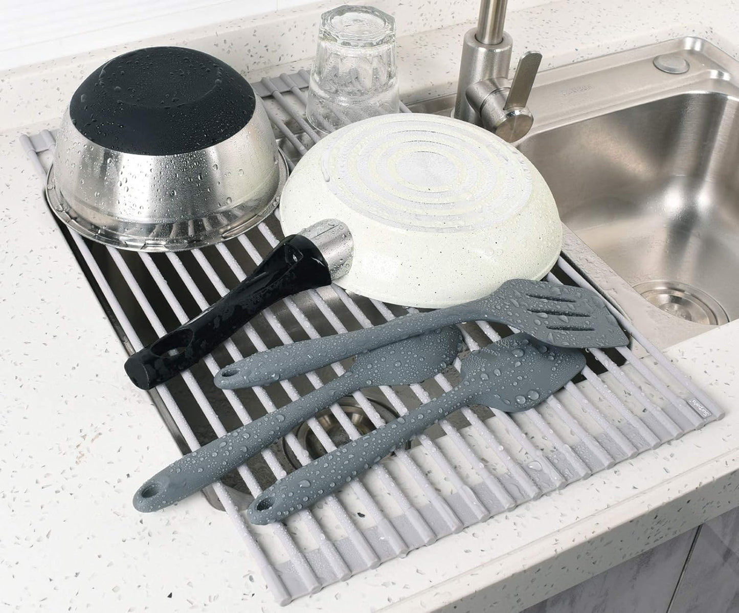 Surpahs Over Sink Foldable Multipurpose Roll-Up Dish Drying Rack, Silicone Wrapped Stainless Steel, Warm Gray, 17.5" x 13.1"