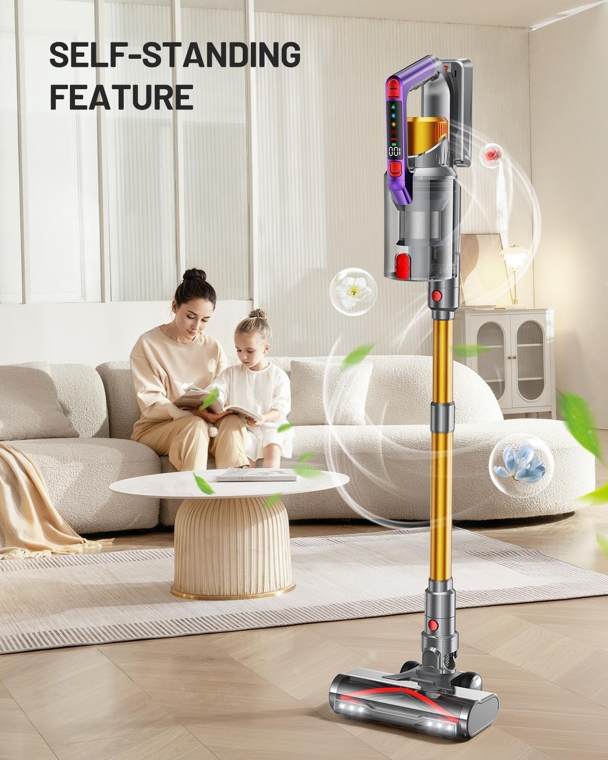 Cordless Vacuum Cleaner, 580W 48KPA 70Mins Vacuum Cleaners for Home, Self-Standing Stick Vacuum with Aromatherapy & LED Display Screen, Stick Vacuum Cordless Rechargeable for Pet Hair/Carpets (Gold)