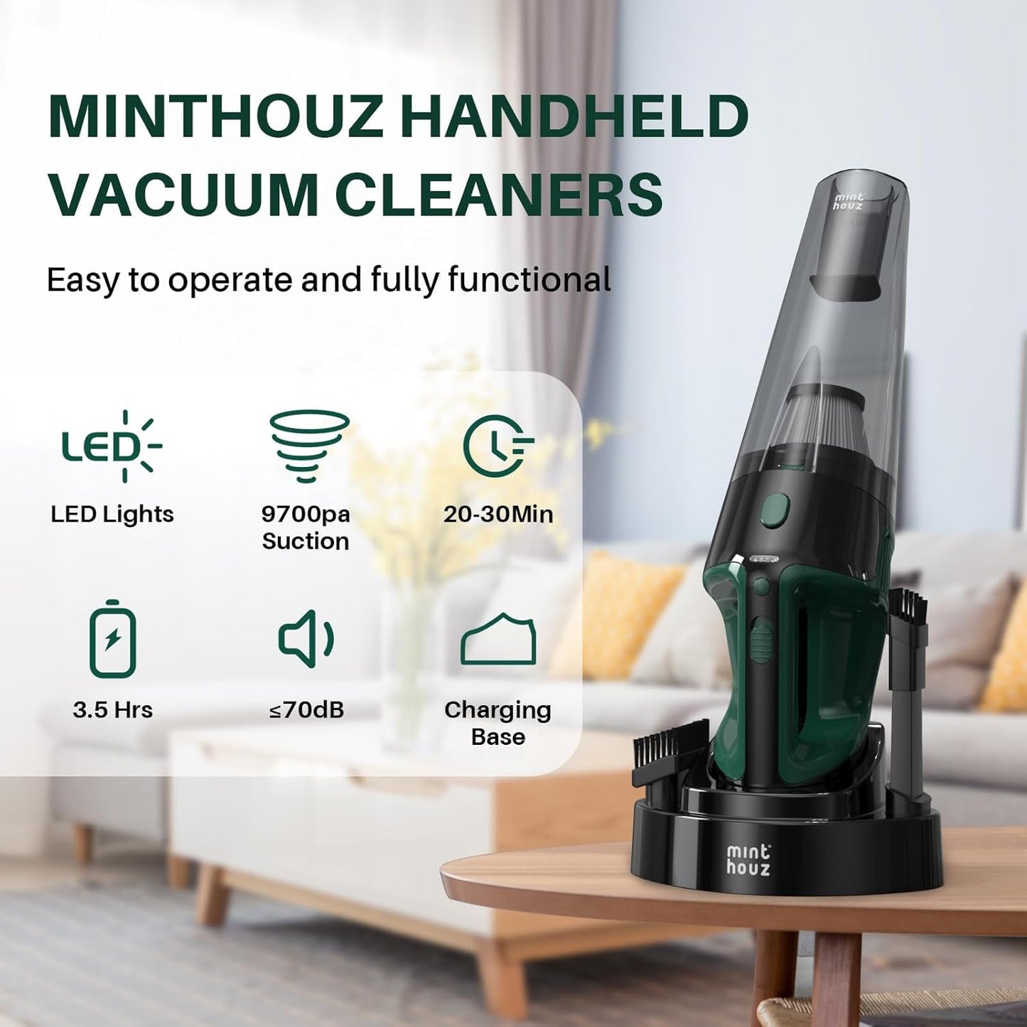 Minthouz Handheld Vacuum Cordless, Strong Suction Car Vacuum Cleaner with LED Light, Long Runtime Hand Vacuum Cordless Rechargeable, Hand Held Vac with Charging Base for Home/Car/Pet/Office