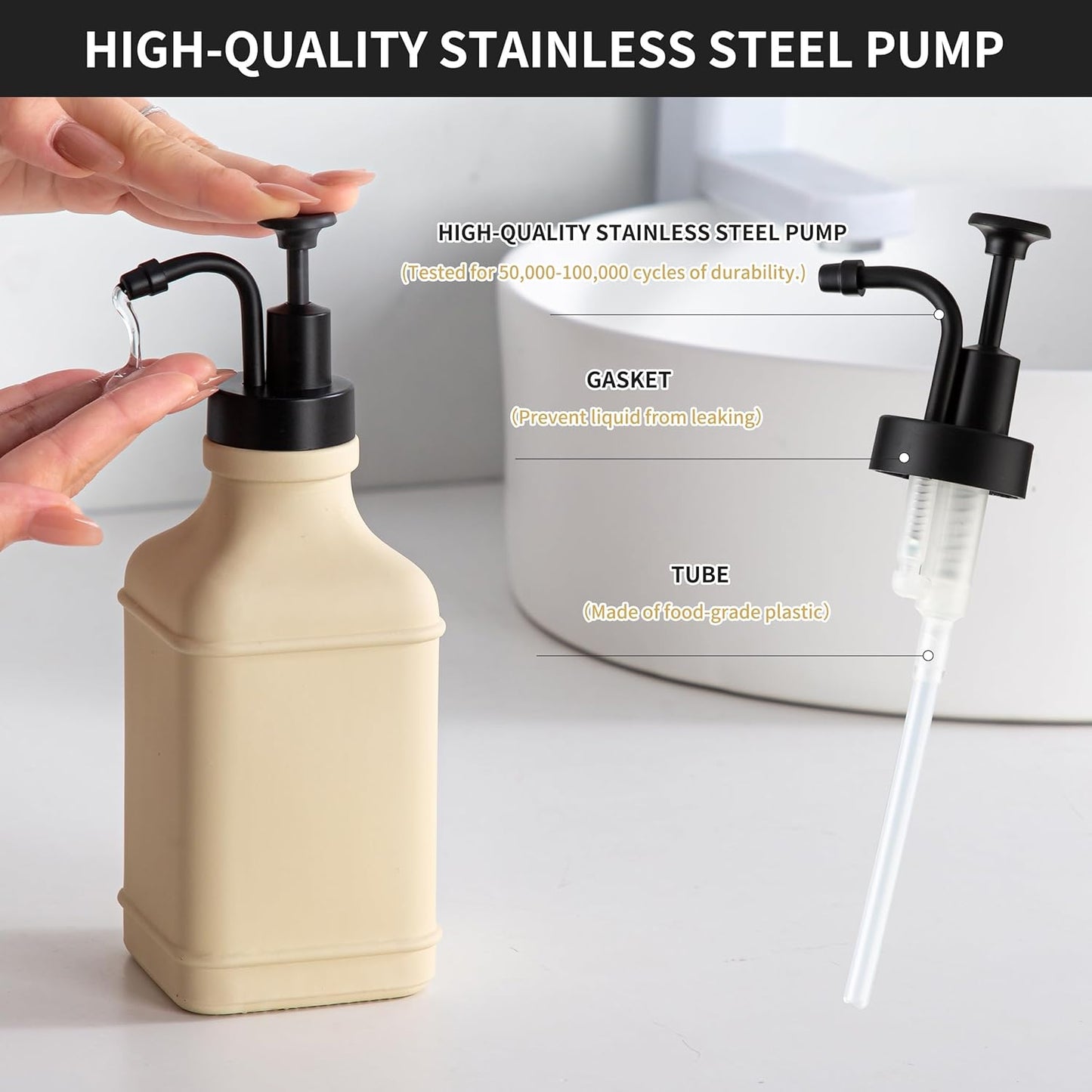 Enra Glass Soap Dispenser with Clear Window,12oz Matte Stainless Steel Hand Pump Dispenser,Hand and Liquid Soap Dispenser Rust Proof Countertop Lotion Bottle (Beige-Square-Liquid)