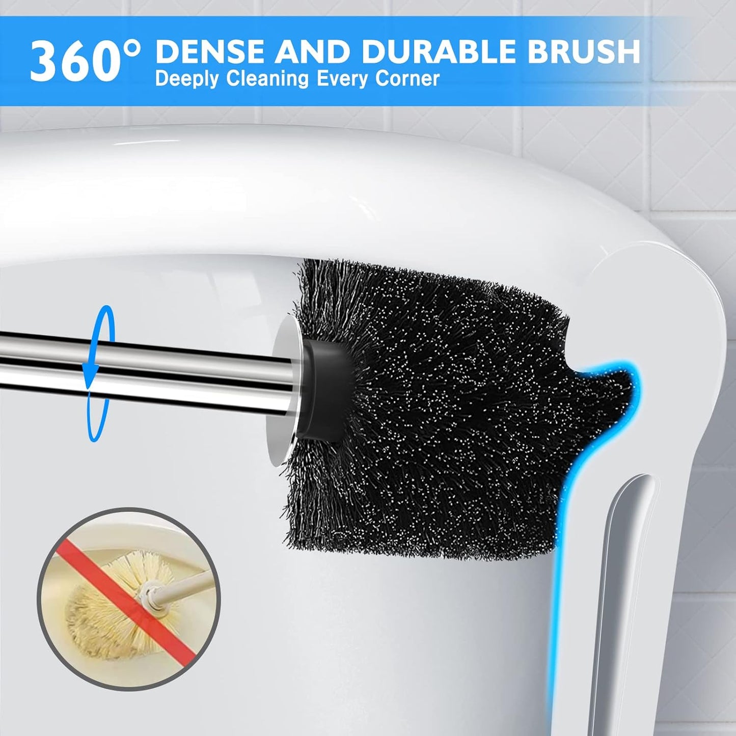 Toilet Brush and Holder 2 Pack, 304 Stainless Steel Toilet Brush with Extended and Durable Comfortable Brush Handle, Toilet Bowl Brush for Bathroom Toilet - Ergonomic, Pratical Durable (Black)