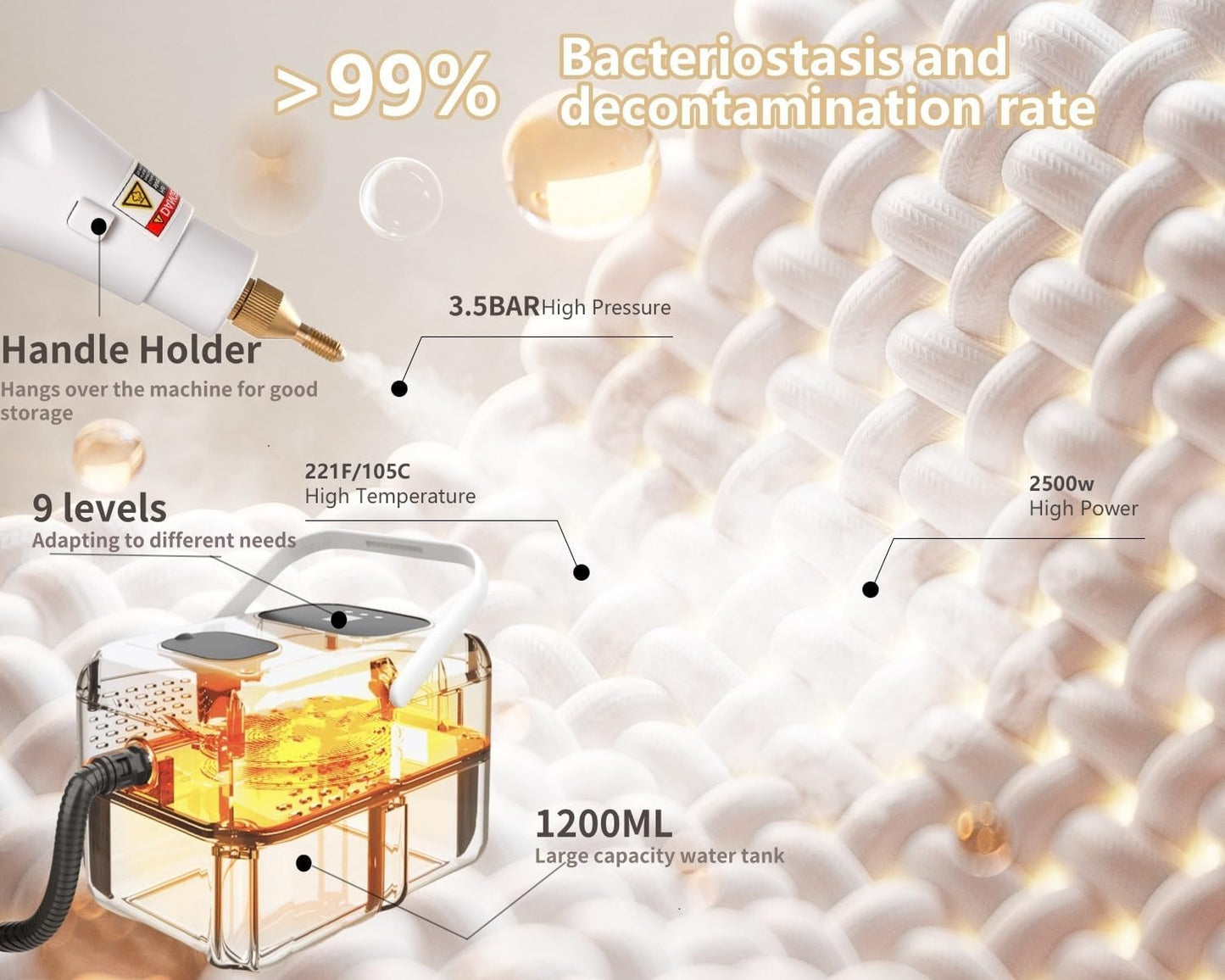 Steam Cleaner for Home, Handheld 2500W High Pressure Steamer for Cleaning, 9-Level Multipurpose Steam Cleaner for Car Floor Upholstery Kitchen Bathroom Grout Tile, 14 Accessories Included, Yellow