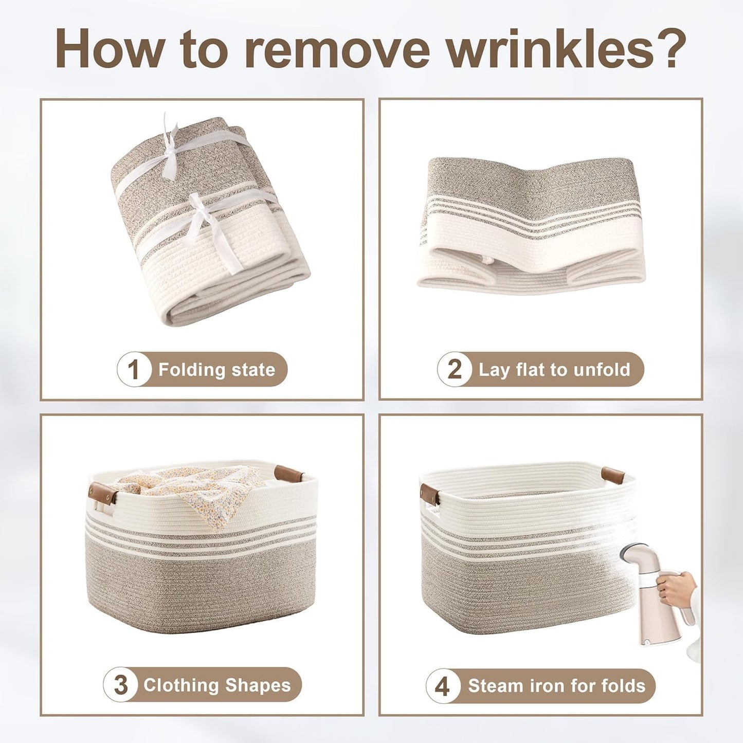 72L Large Laundry Basket with Leather Handles for Living Room Storage, Woven Rope Baskets Bin for Blanket, Kids Toy, Gifts, Wicker Hamper for Bedroom Dirty Clothes, 22"x17"x12" White Black